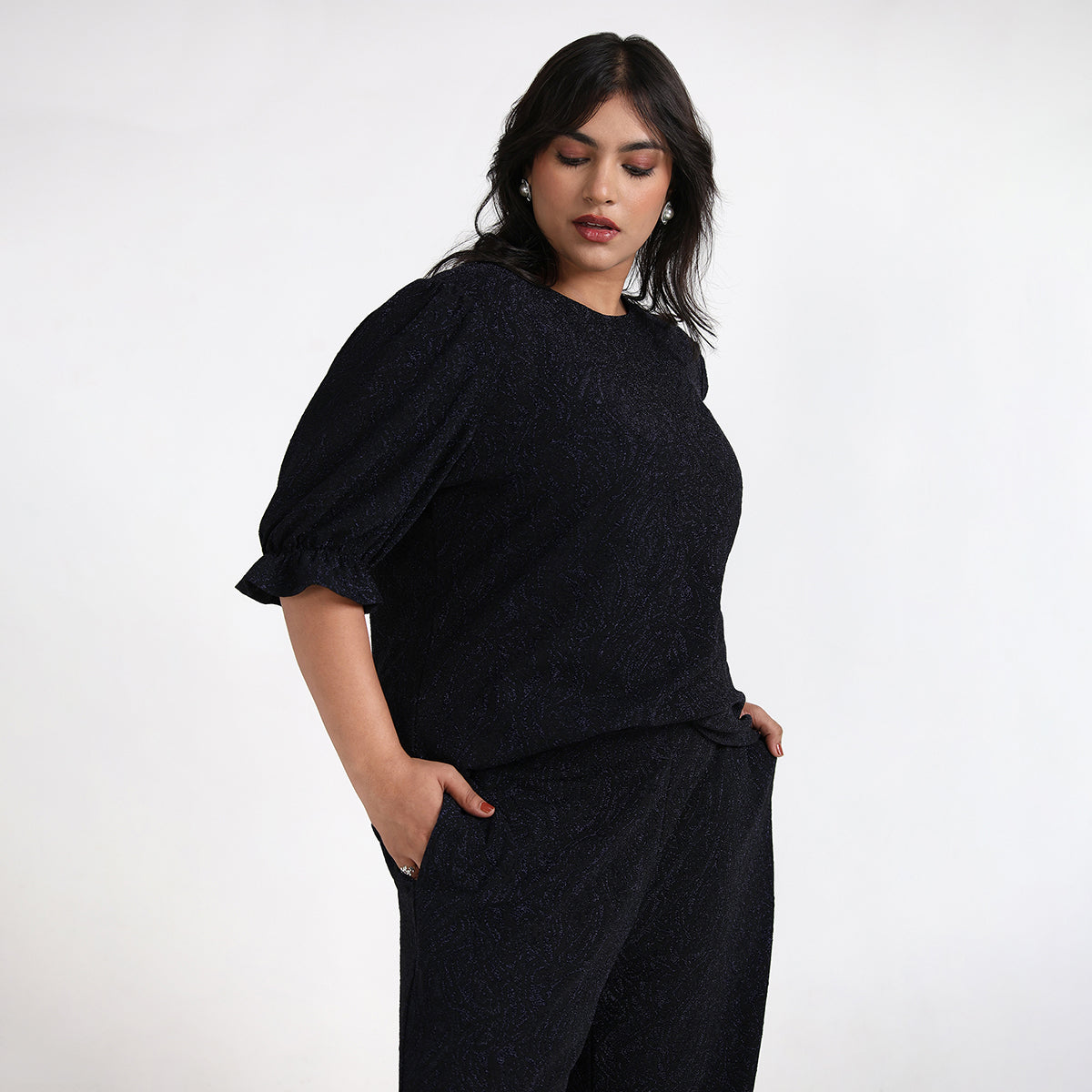Plus Size – Black – Shimmer Knit Round Neck Top & Wide Leg Pants Set – by CALAE | Sizes Available L to 7XL