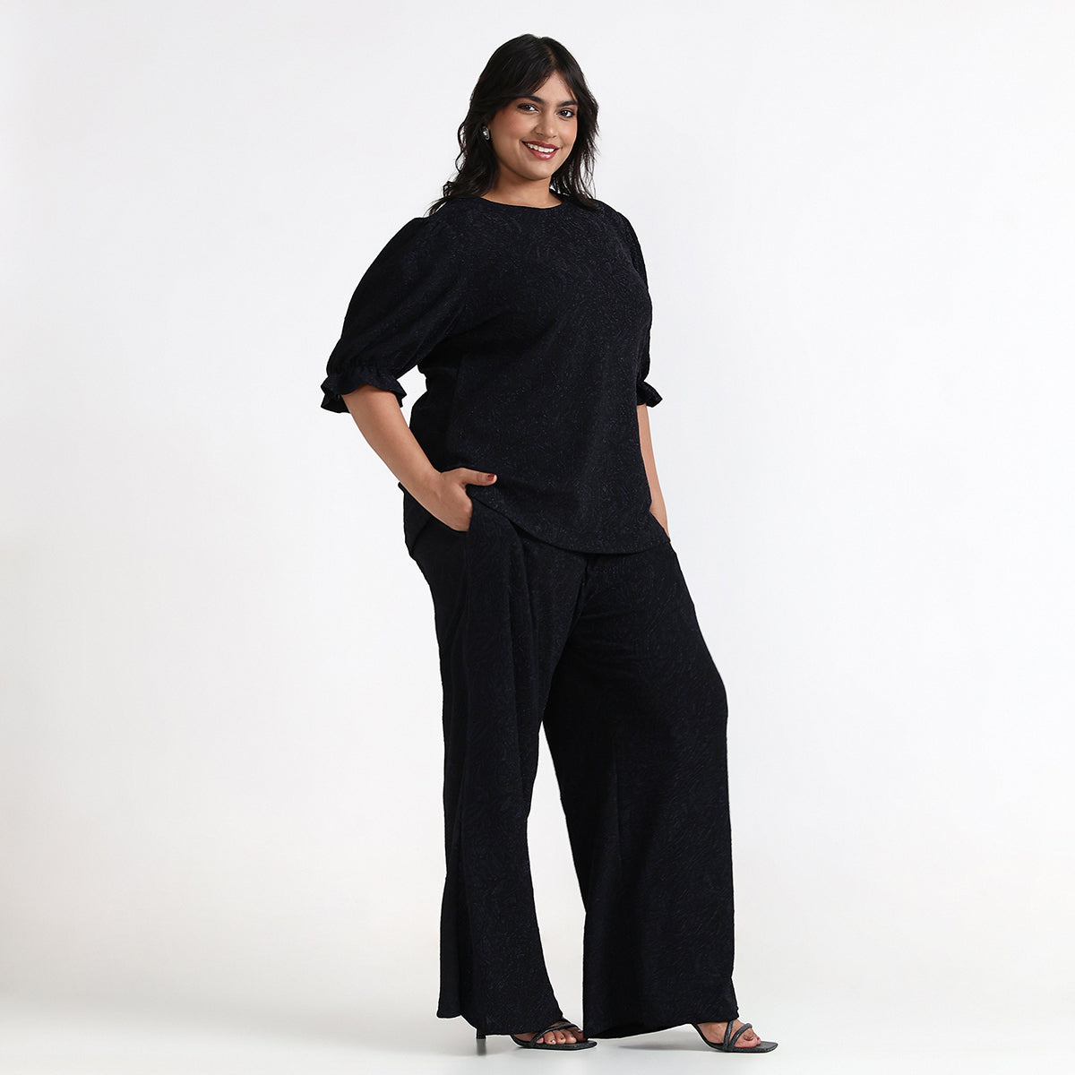 Plus Size – Black – Shimmer Knit Round Neck Top & Wide Leg Pants Set – by CALAE | Sizes Available L to 7XL