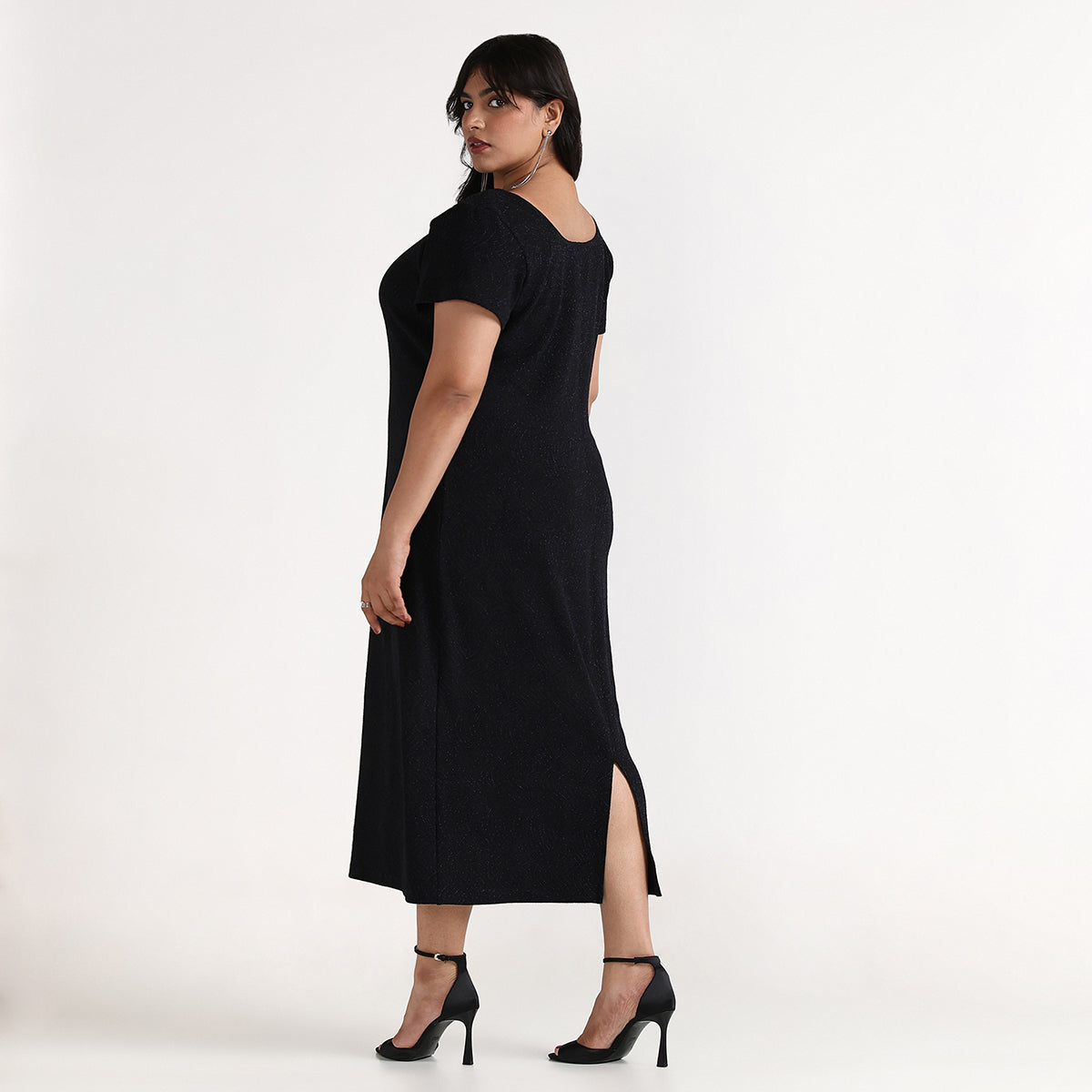 Plus Size – Black – Shimmer Knit Cap Sleeves Bodycon Dress – by CALAE | Sizes Available L to 5XL