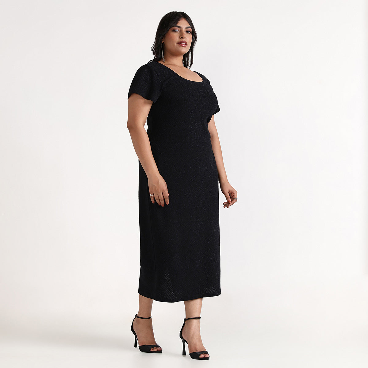 Plus Size – Black – Shimmer Knit Cap Sleeves Bodycon Dress – by CALAE | Sizes Available L to 5XL