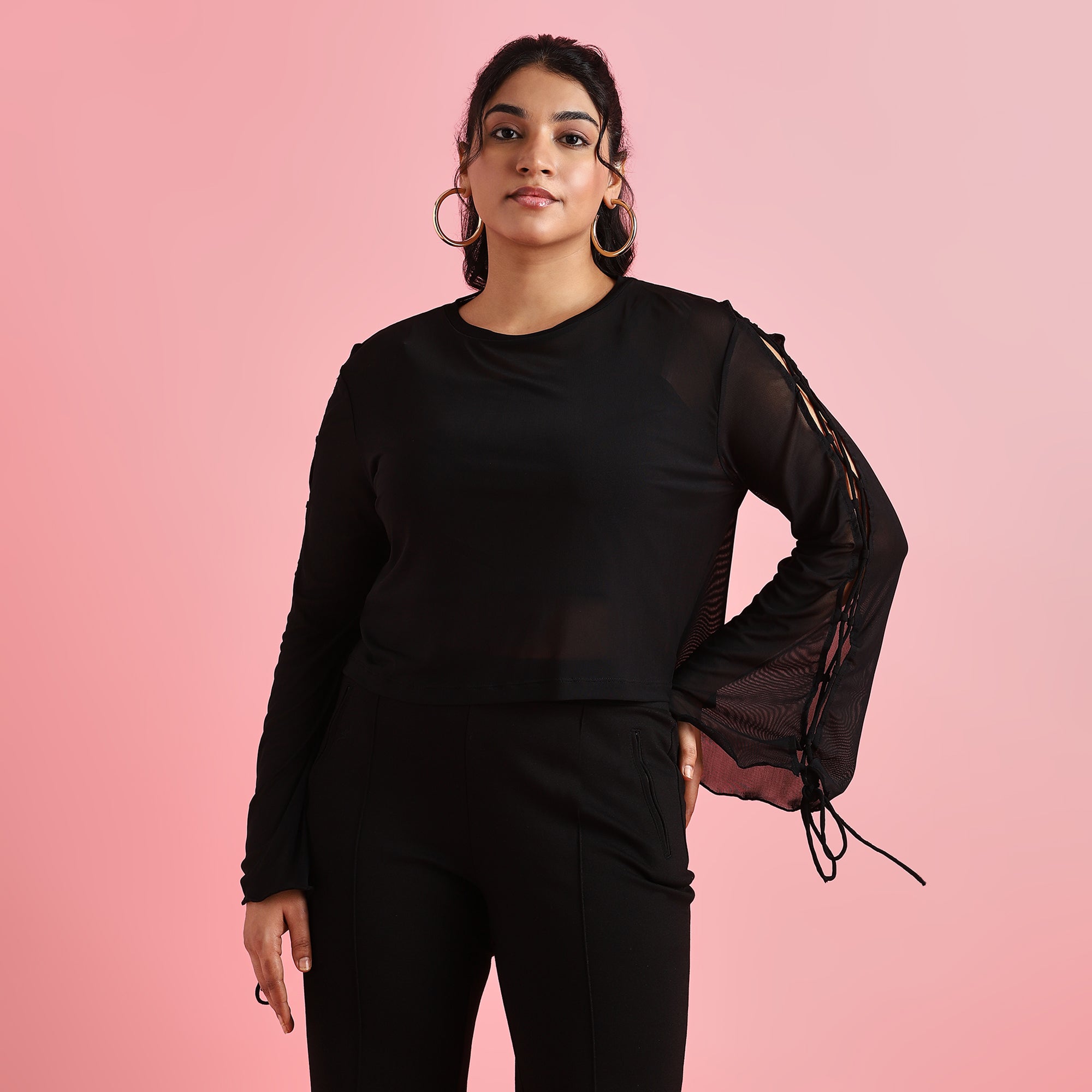 Black Plus Size Crisscross Sleeves Mesh Top