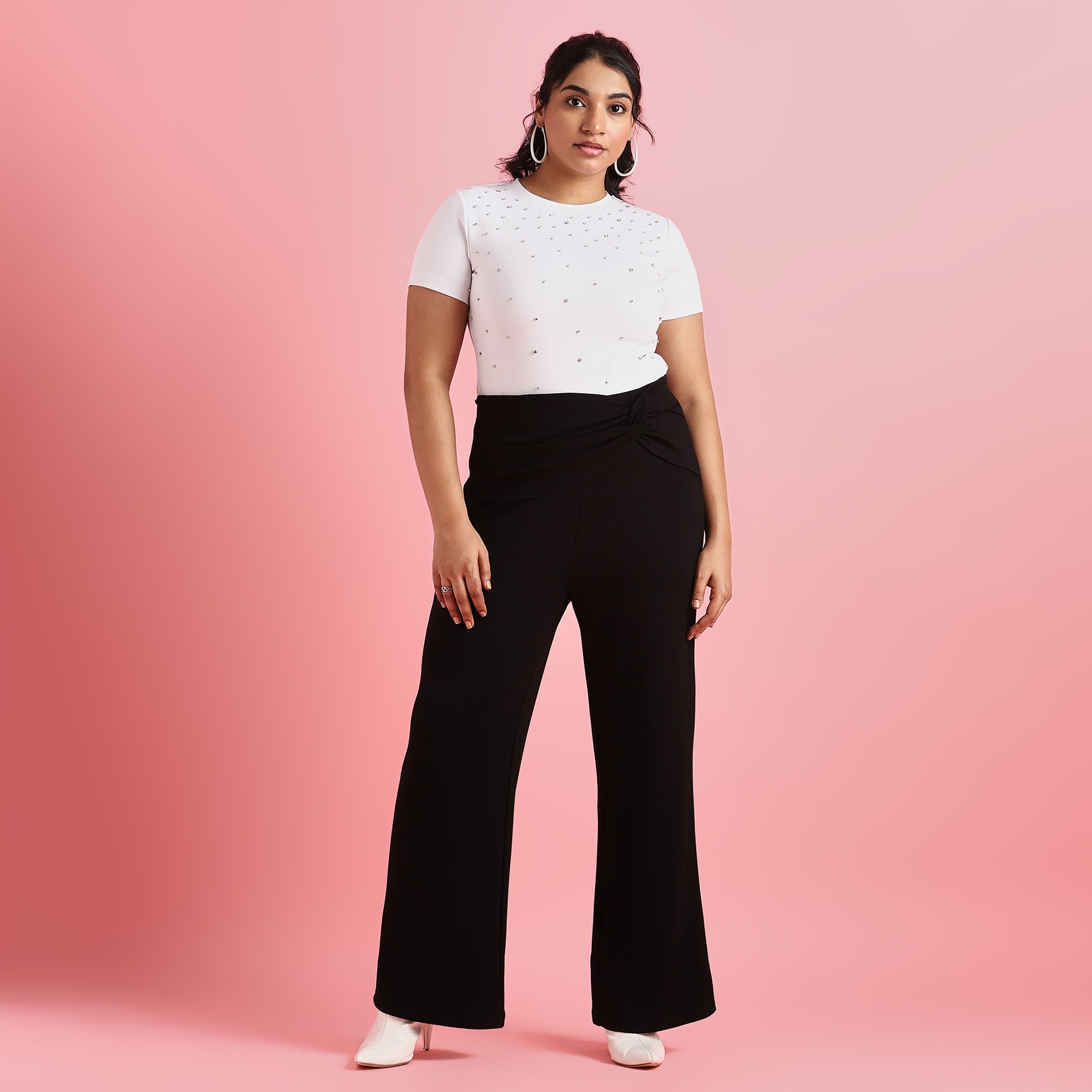 Black Knot Detail Plus Size Scuba Flare Pants