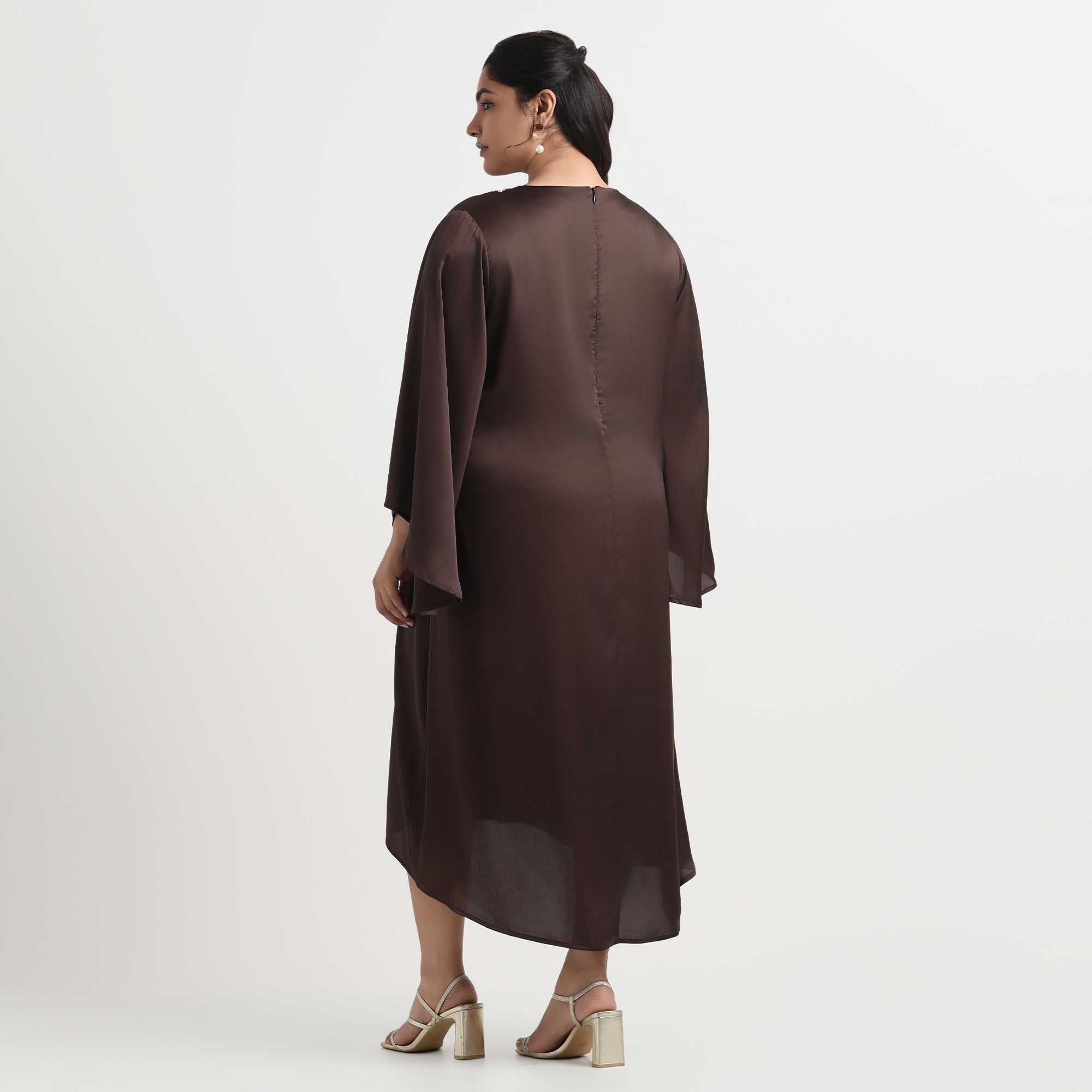 Classy brown satin dress designed for plus-size women
