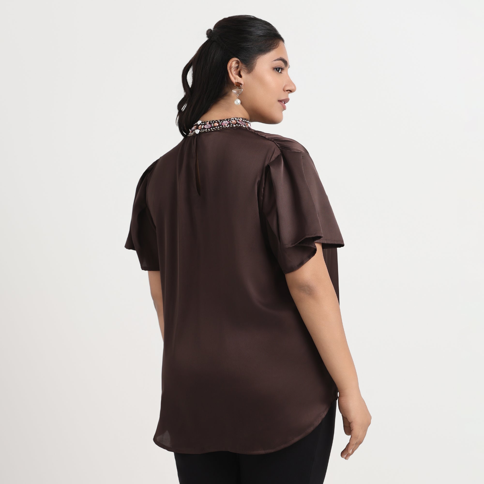 Brown velvet satin top with long sleeves, plus size fashion top