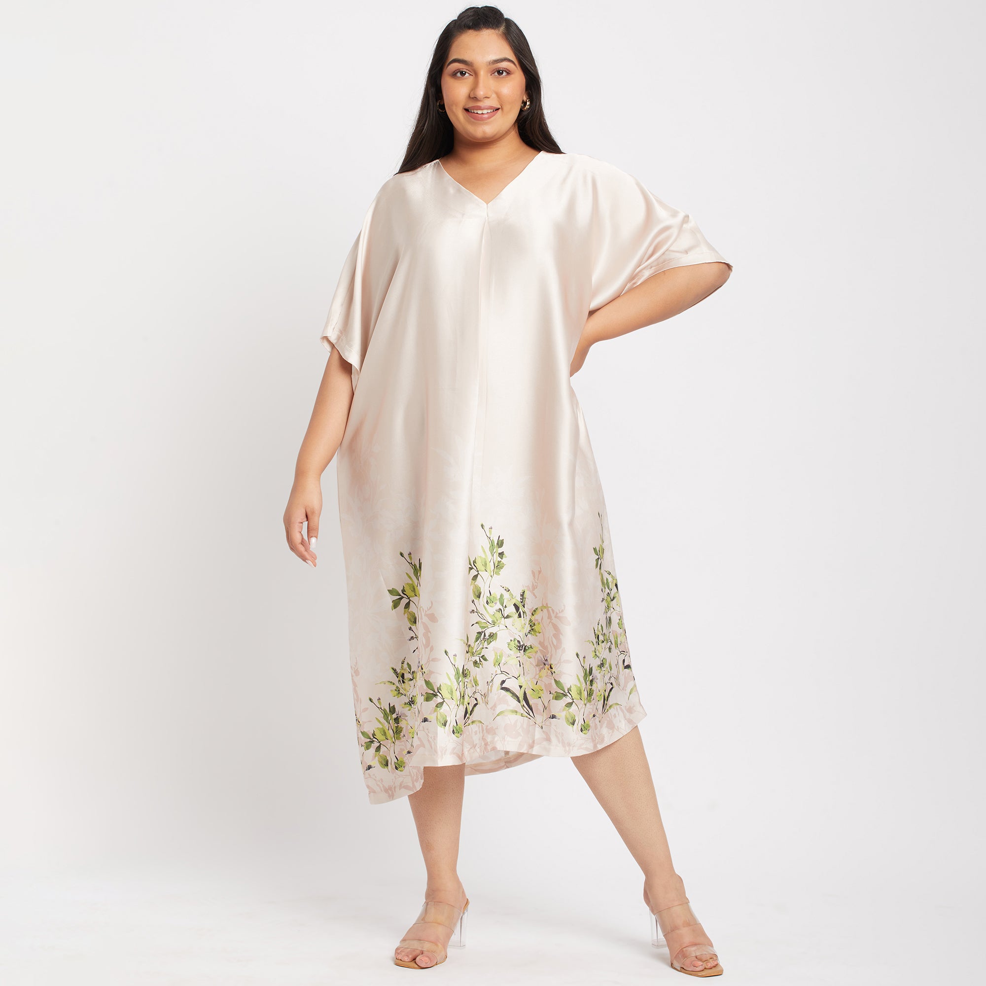 Front View of Beige Border Print Plus Size Kaftan