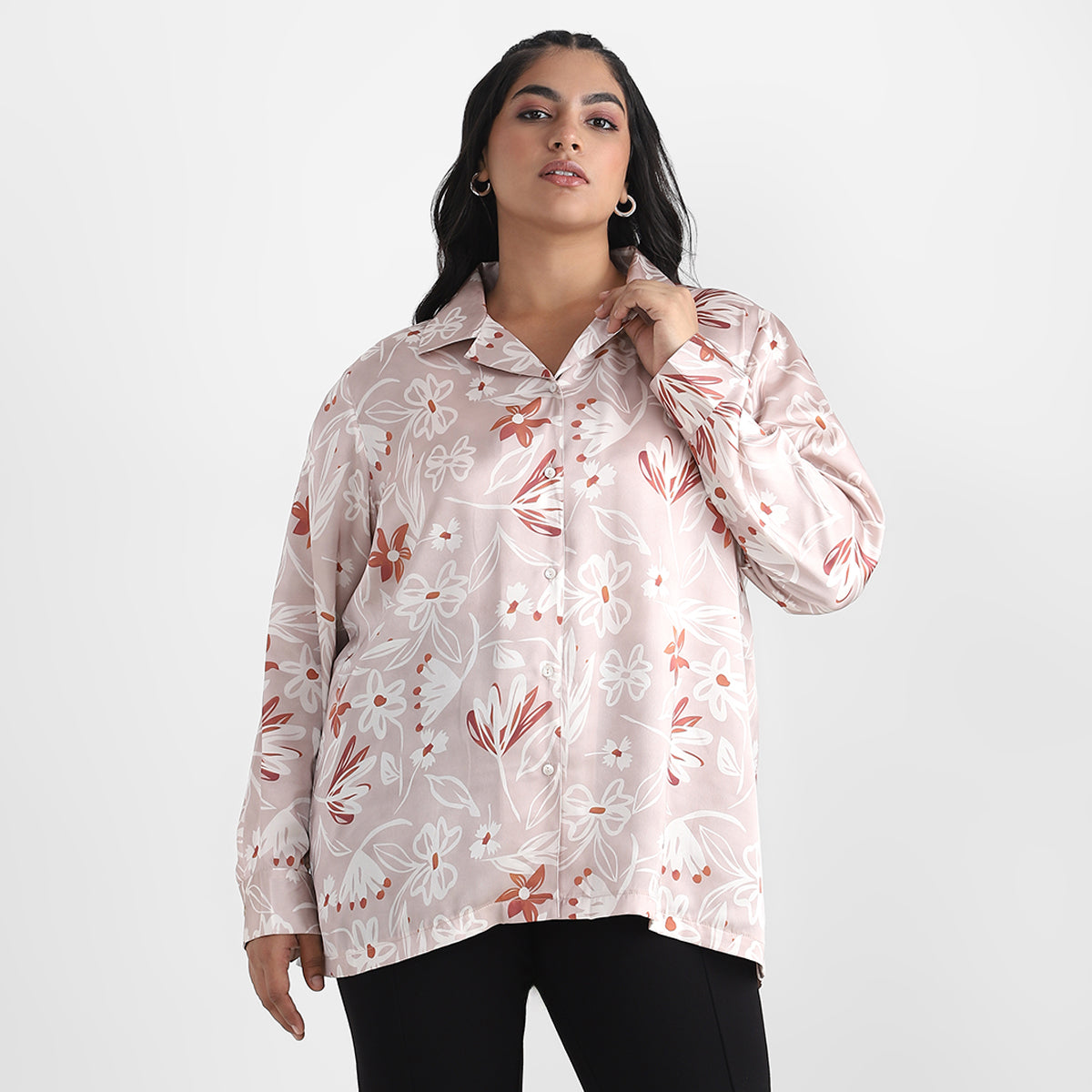 Beige Satin Floral Print Plus Size Basic Shirt front close up view