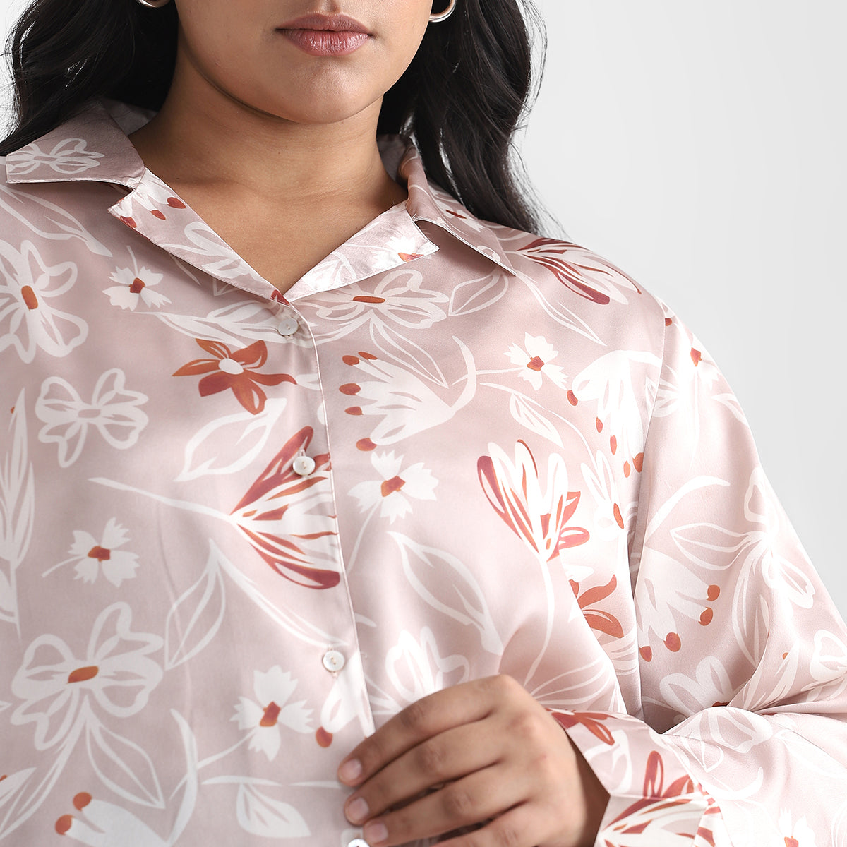 Beige Satin Floral Print Plus Size Basic Shirt frontal close up view