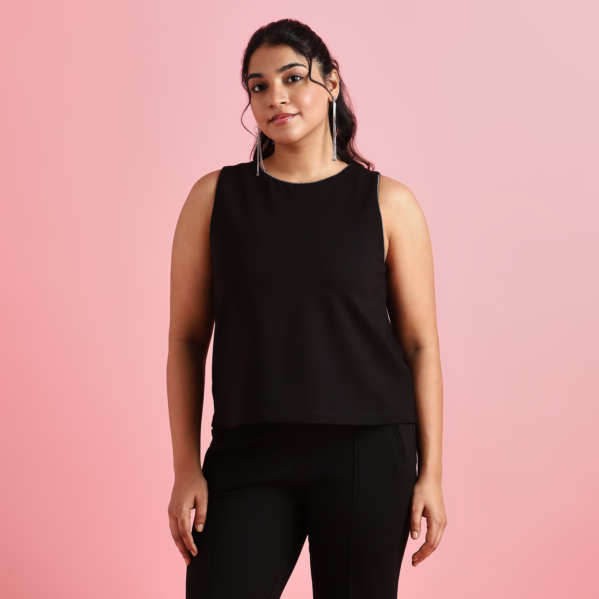 Black Plus Size 4-Way Stretch Rhinestone Embellished Top