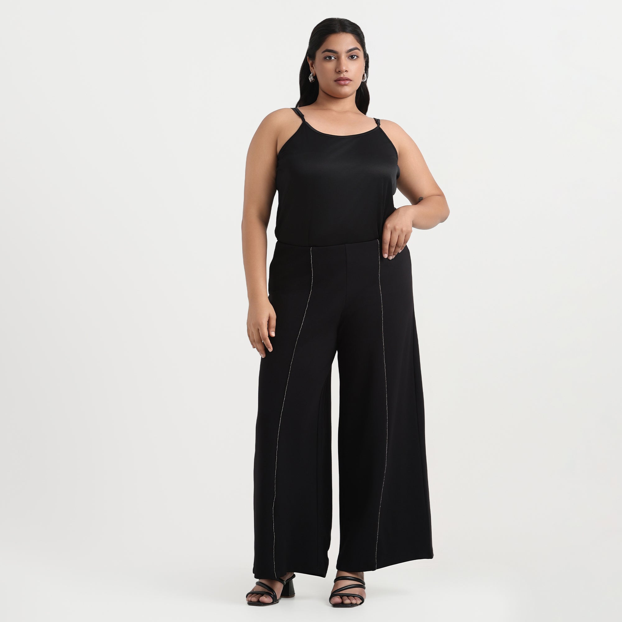 Black 4-Way Stretch Plus Size Wide-Leg Rhinestone Embellished Trousers