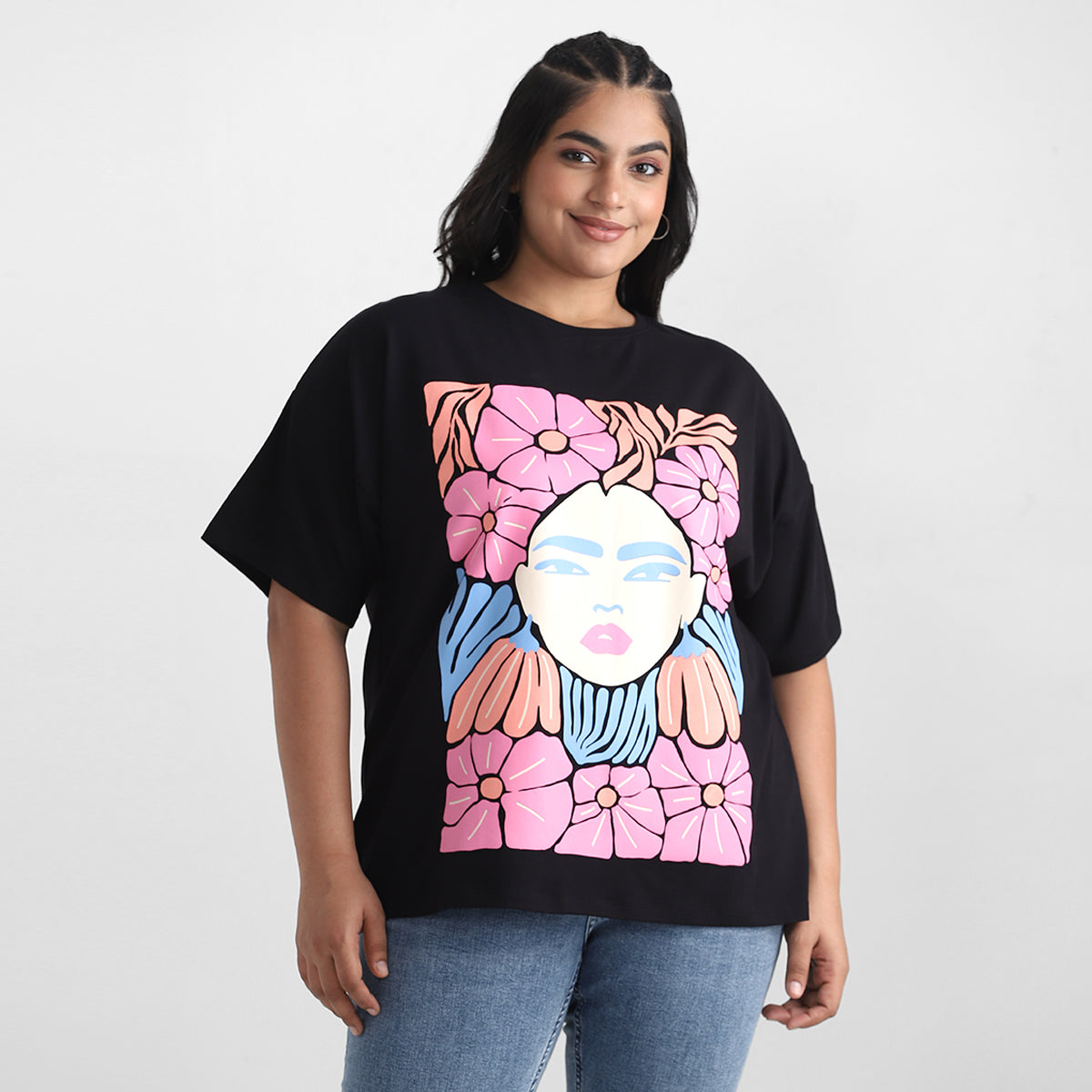 Black Abstract Plus Size Chest Print Cotton Tee