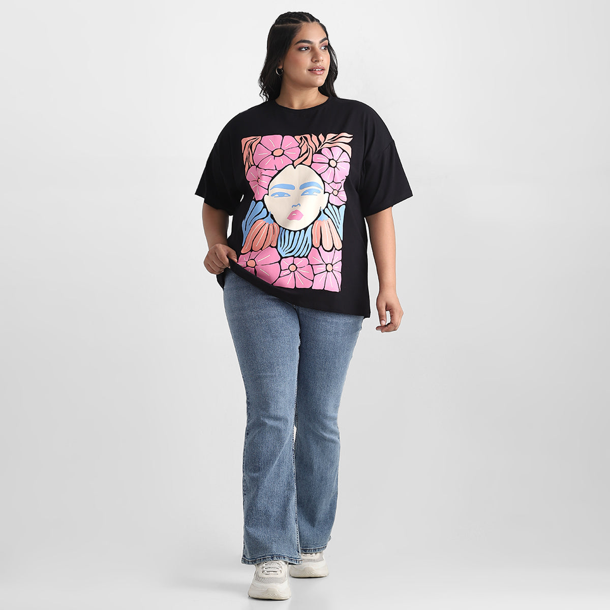 Black Abstract Plus Size Chest Print Cotton Tee
