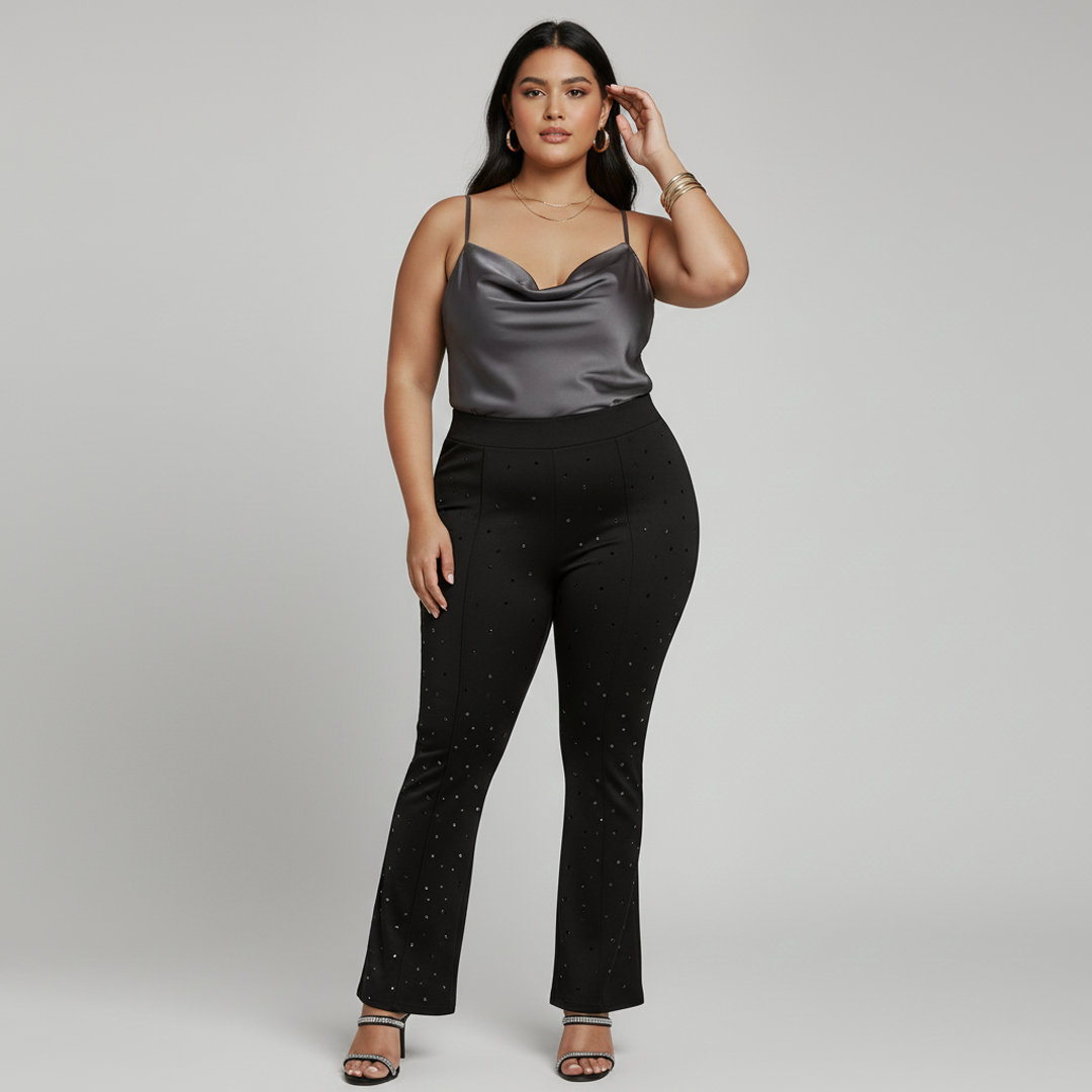 Woman wearing a satin top and black pants against a plain background