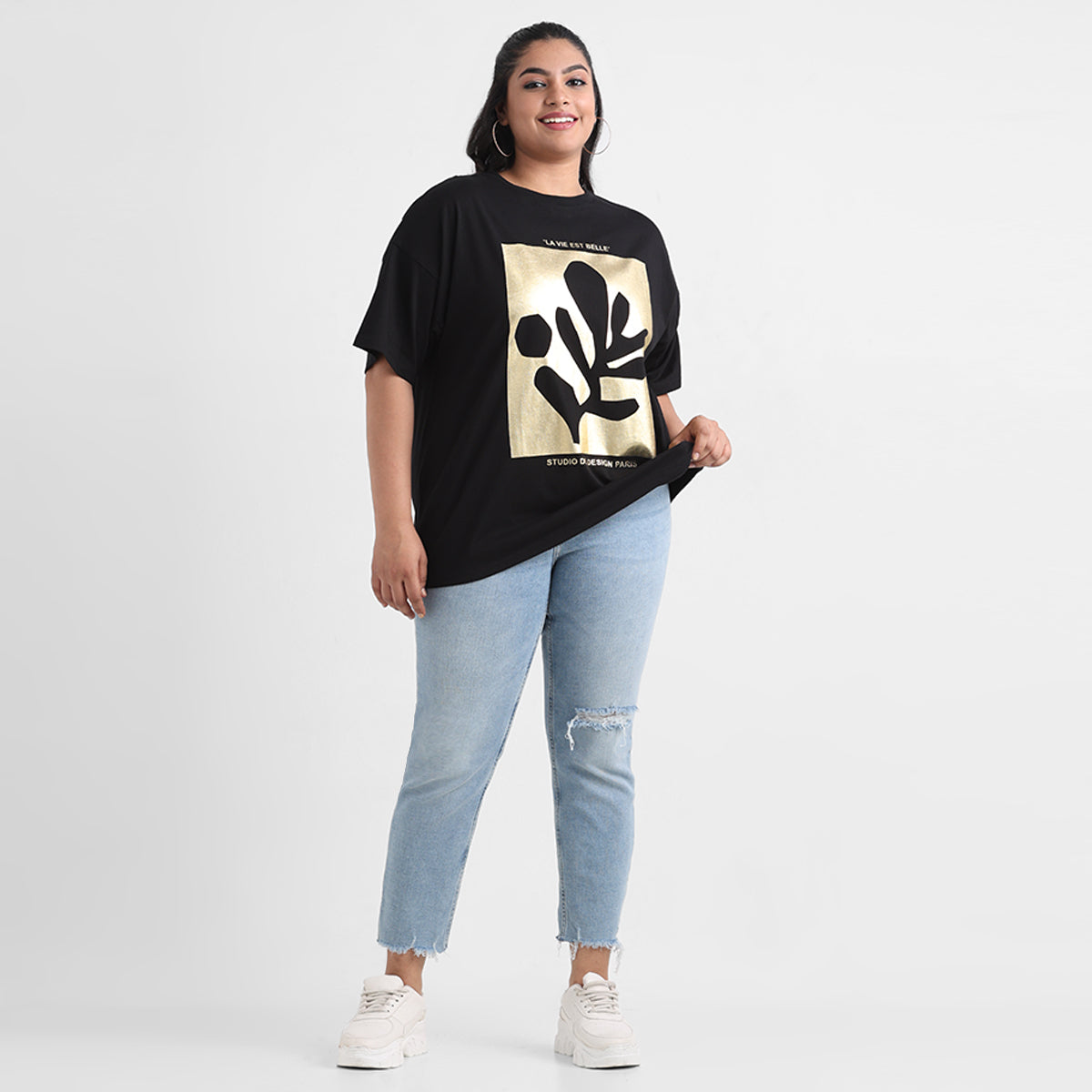 Black foil plus size chest print cotton t-shirt front view