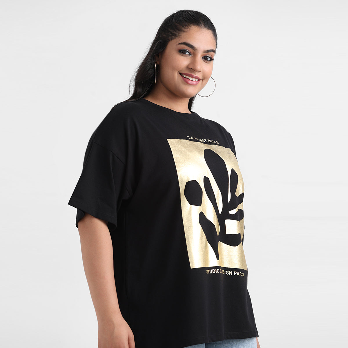 Black foil plus size chest print cotton t-shirt angled front view
