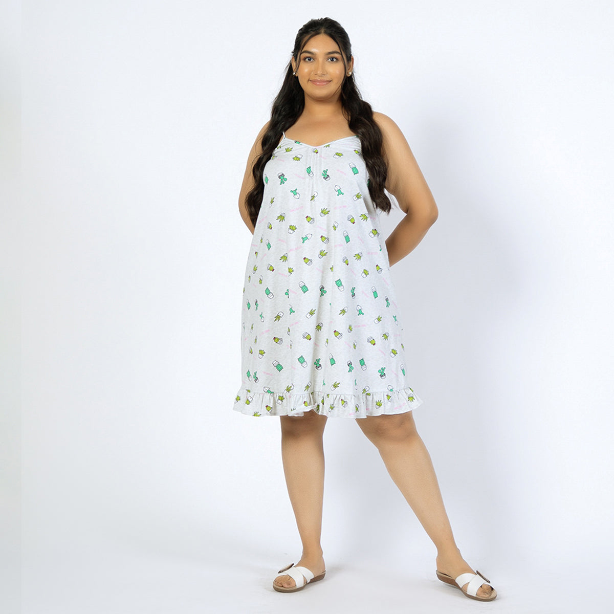 Grey Printed Cotton Jersey Plus-Size Slip Dress Product Image 1