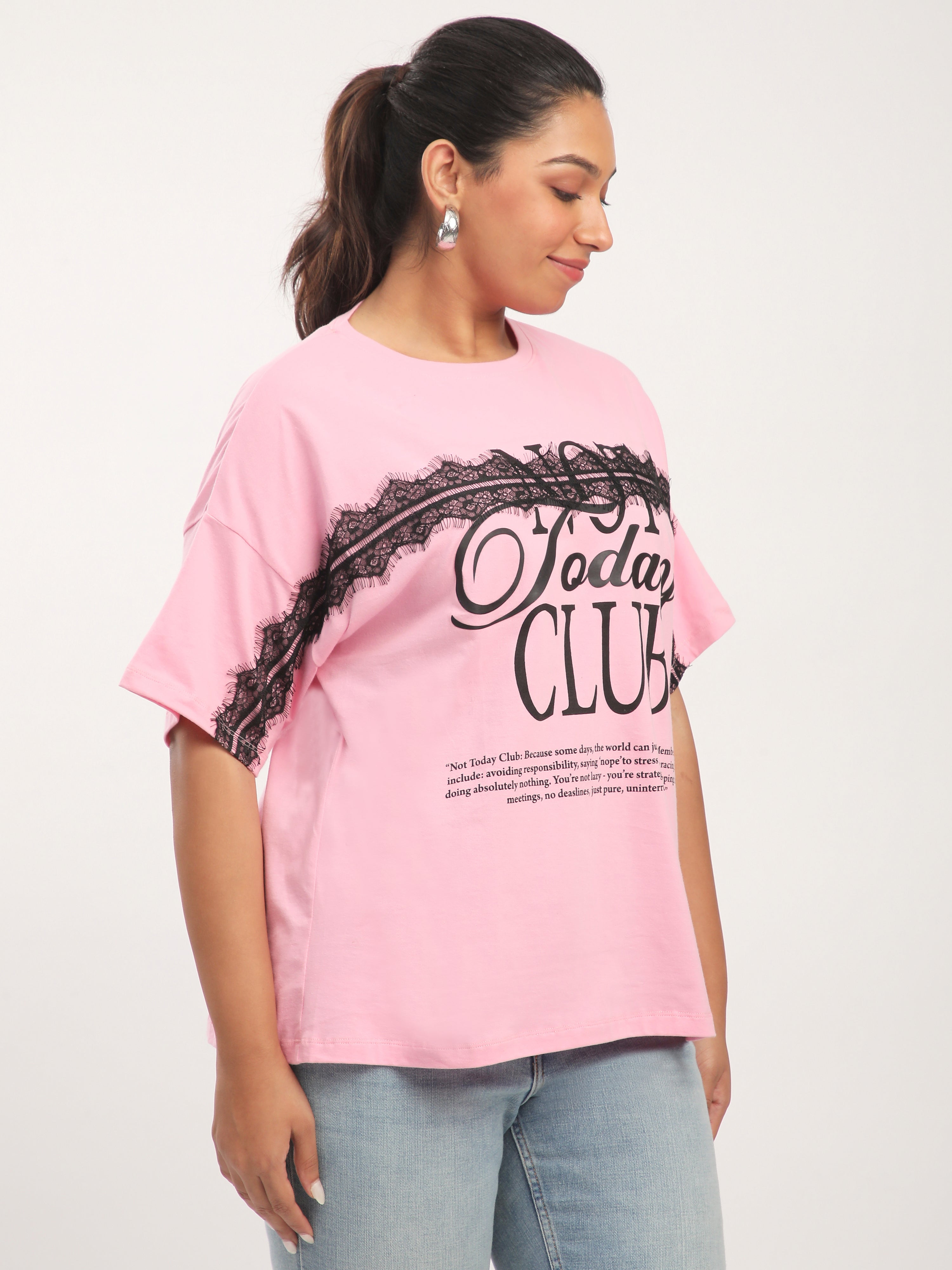 Plus Size Pink Cotton Drop Shoulder Chest Print T-Shirt with Lace