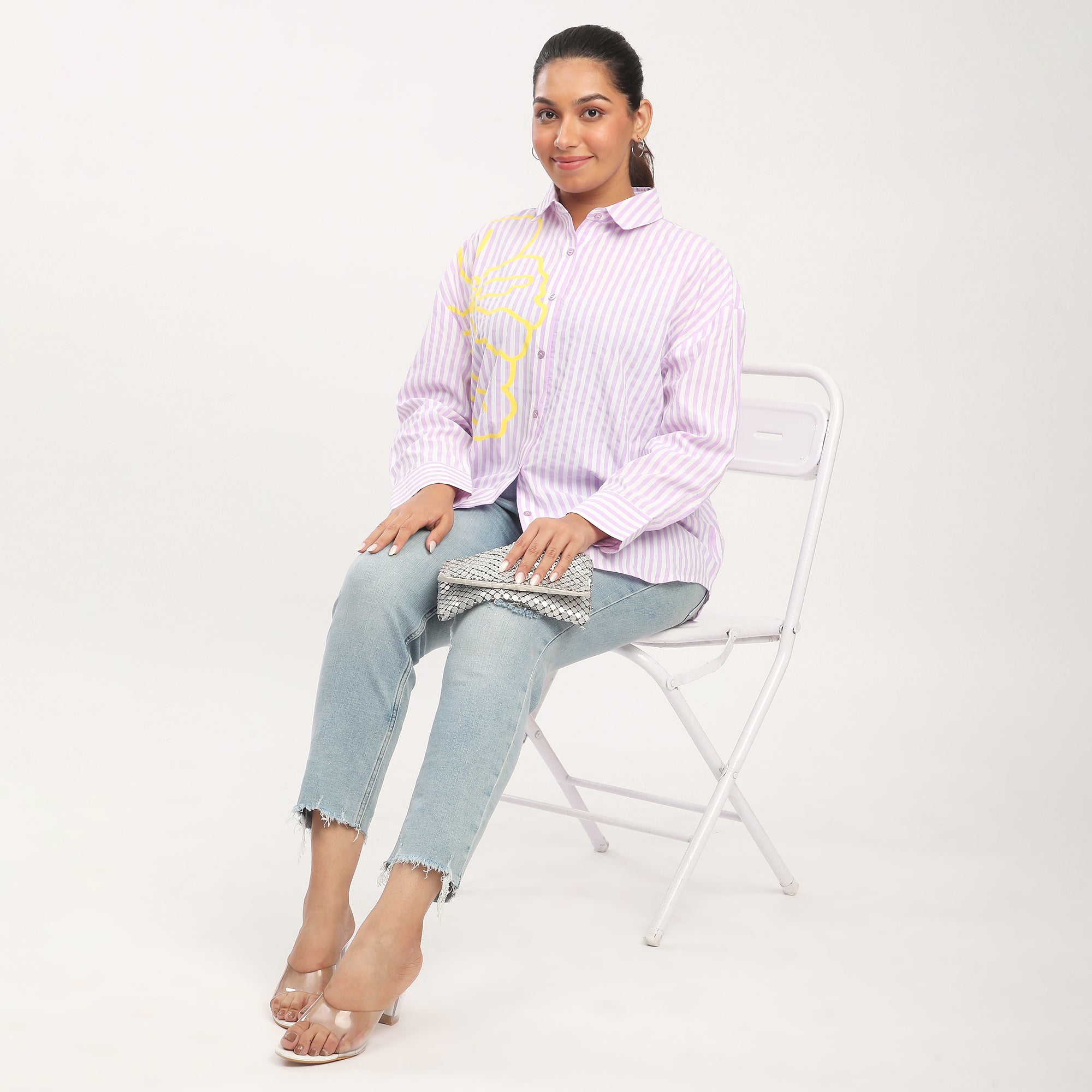 Plus Size Lilac Viscose Striped with Chest Print Oversized Shirt