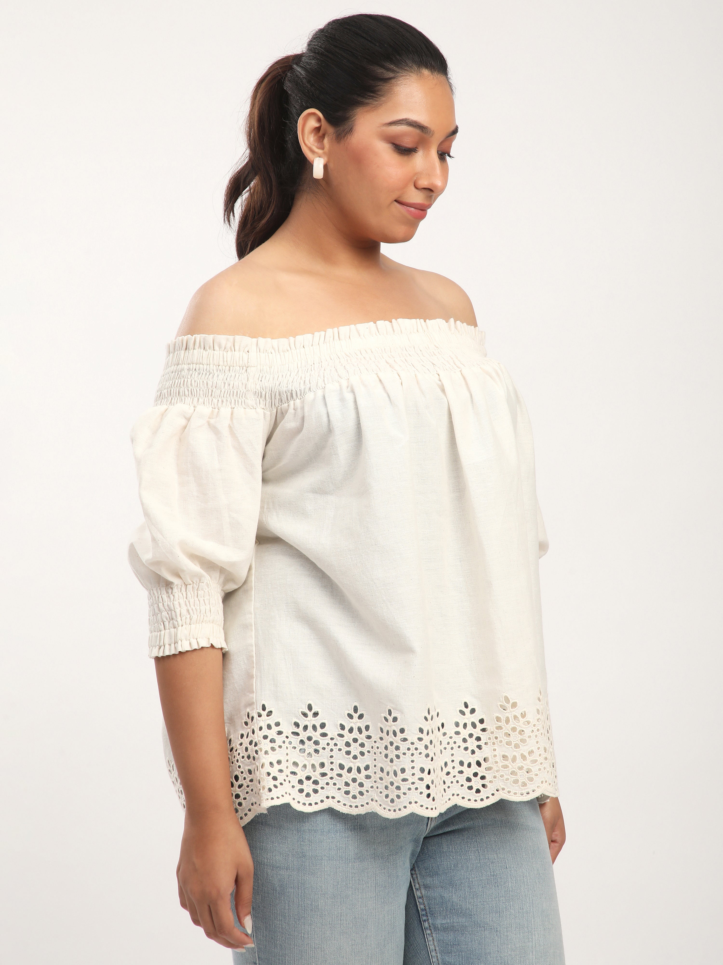 Plus Size Linen Blend Off-Shoulder Embroidered Top