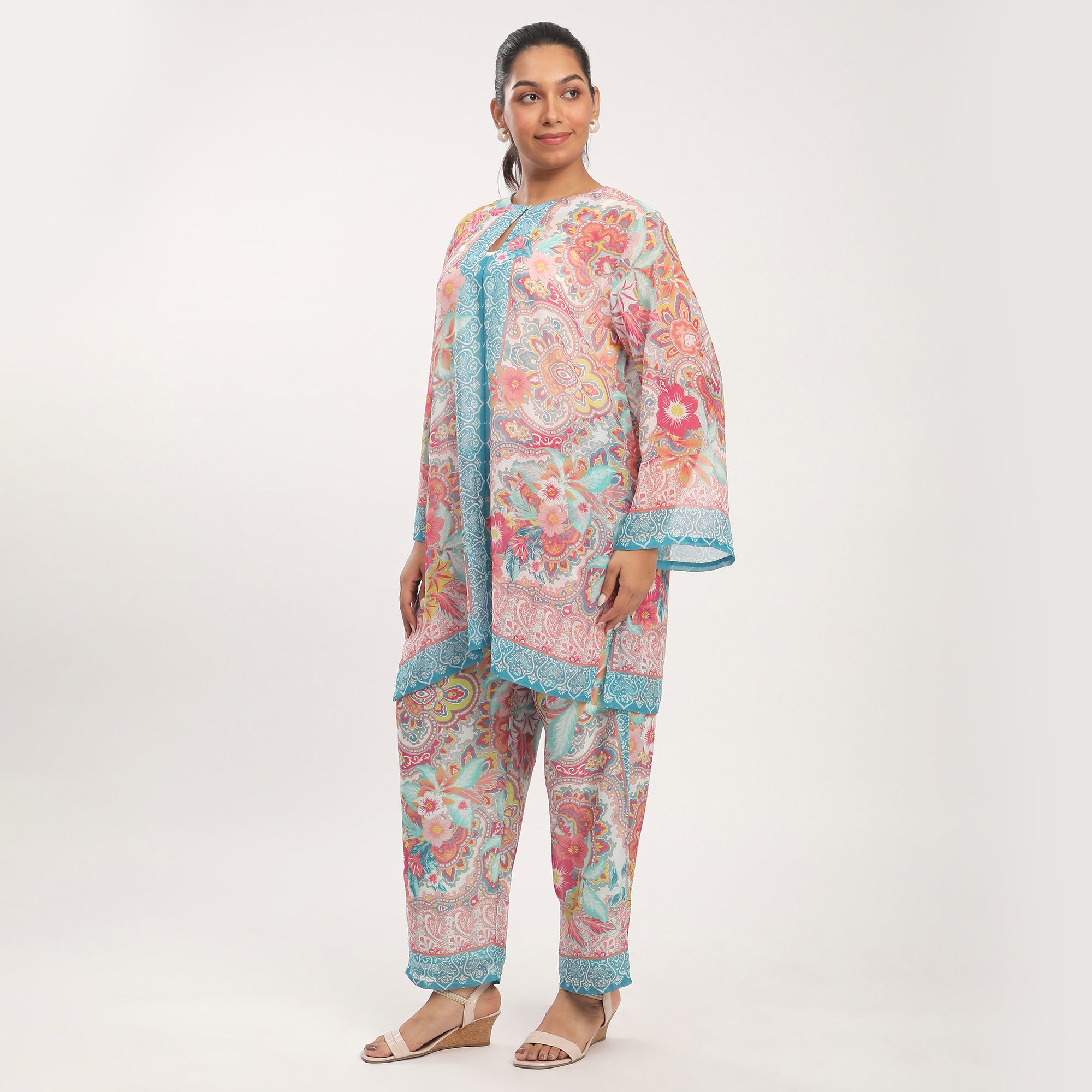 Plus Size Blue Polyester Chiffon Print Co-ord Set