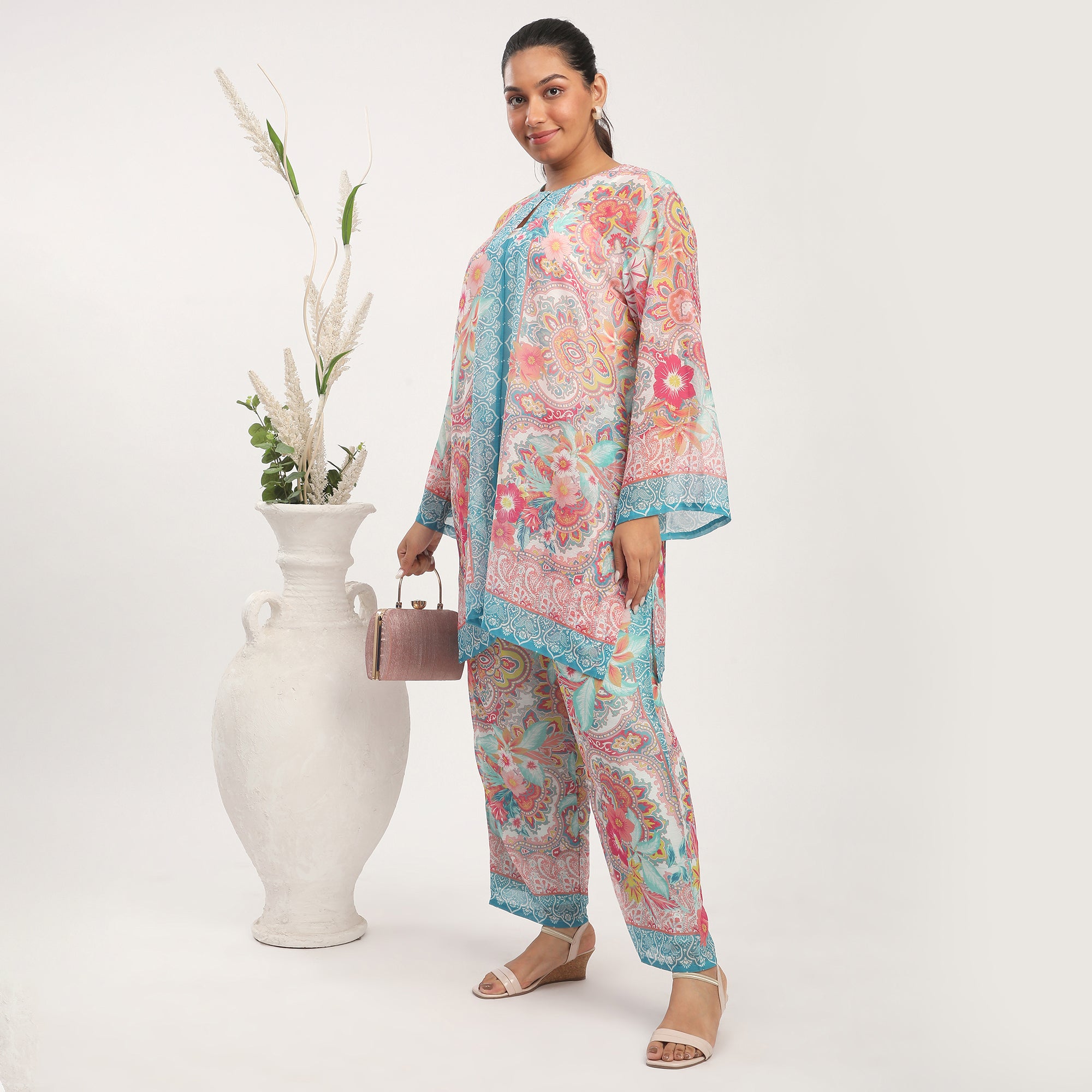 Plus Size Blue Polyester Chiffon Print Co-ord Set