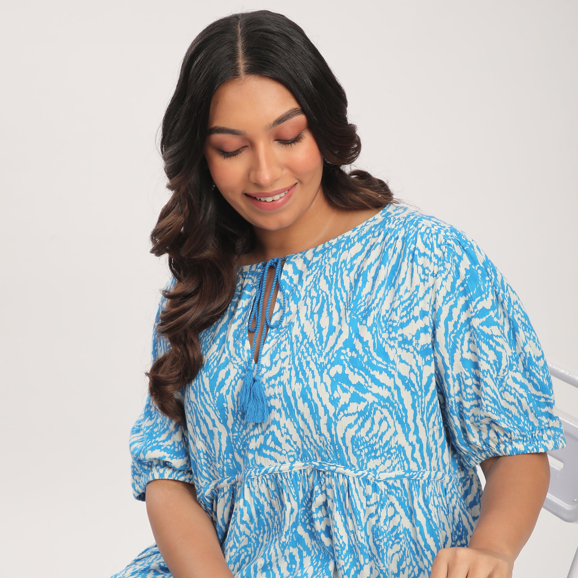 Plus Size Blue Abstract Printed Short Summer Dress