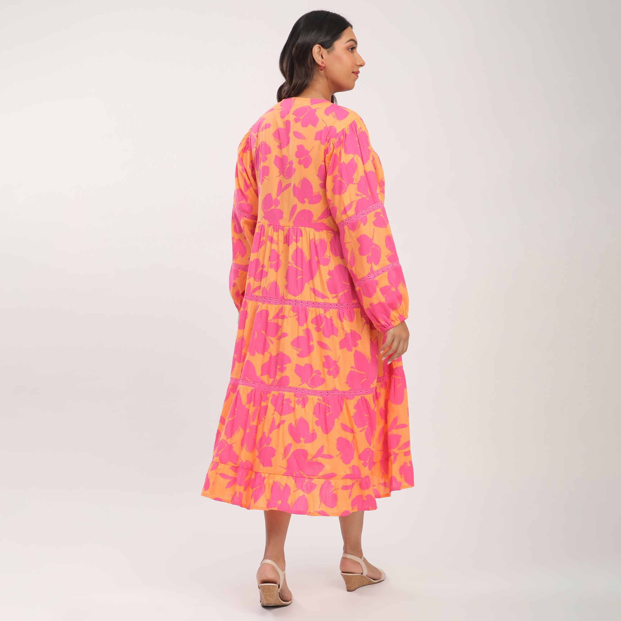 Plus Size Cotton Pop Floral Printed Maxi Dress with Lace Inserts