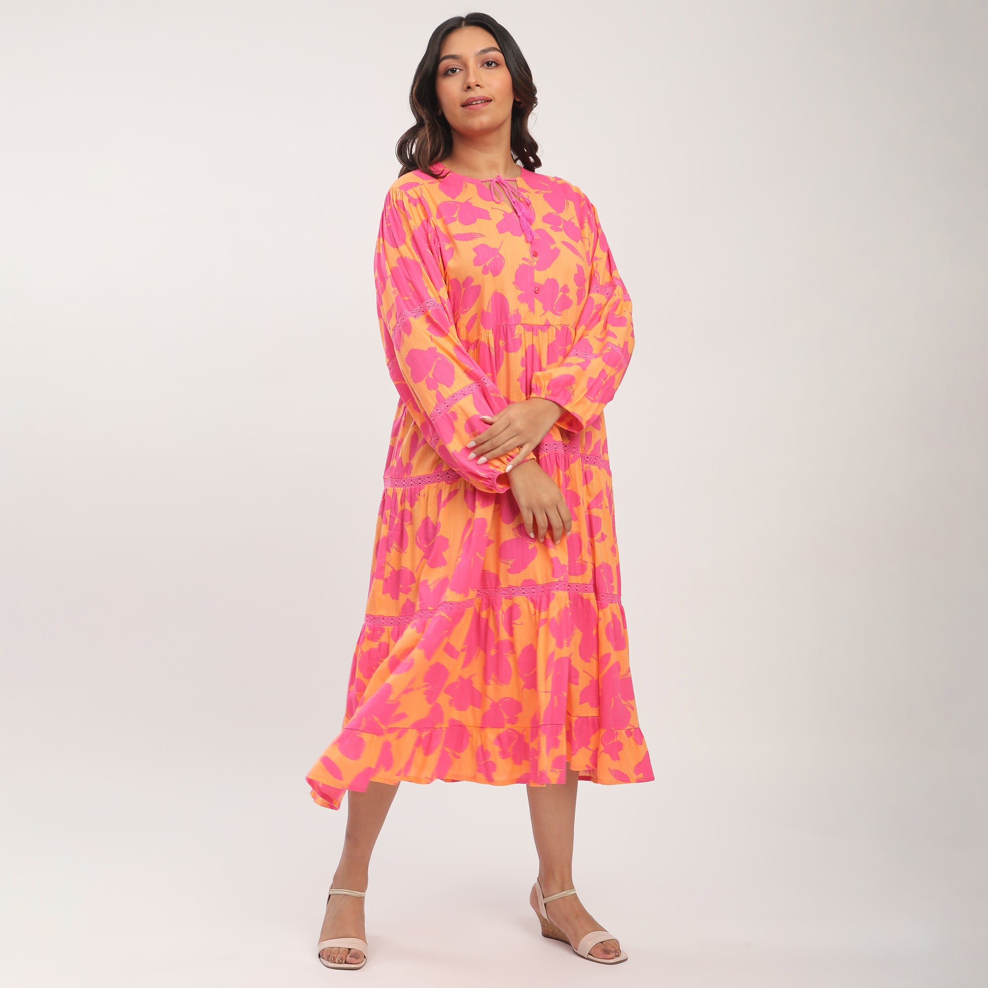 Plus Size Cotton Pop Floral Printed Maxi Dress with Lace Inserts