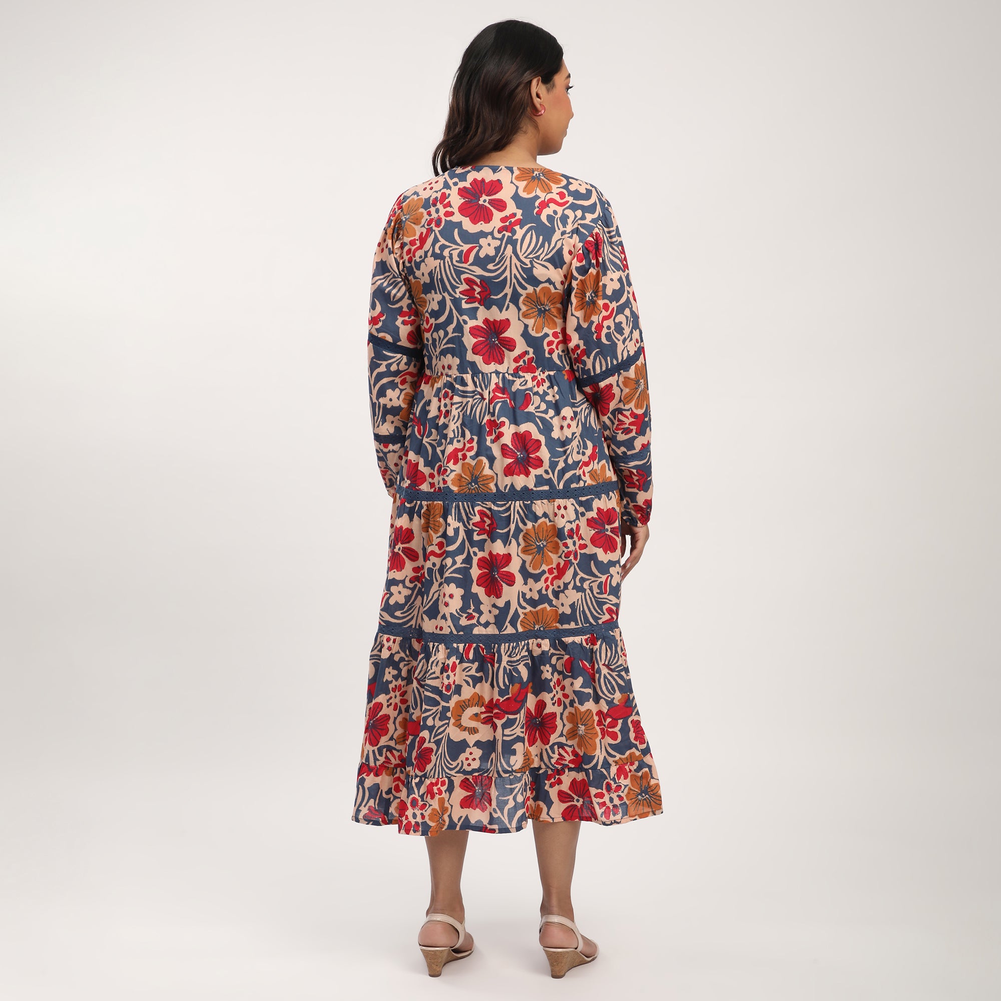 Plus Size Blue Cotton Floral Printed Maxi Dress with Lace Inserts
