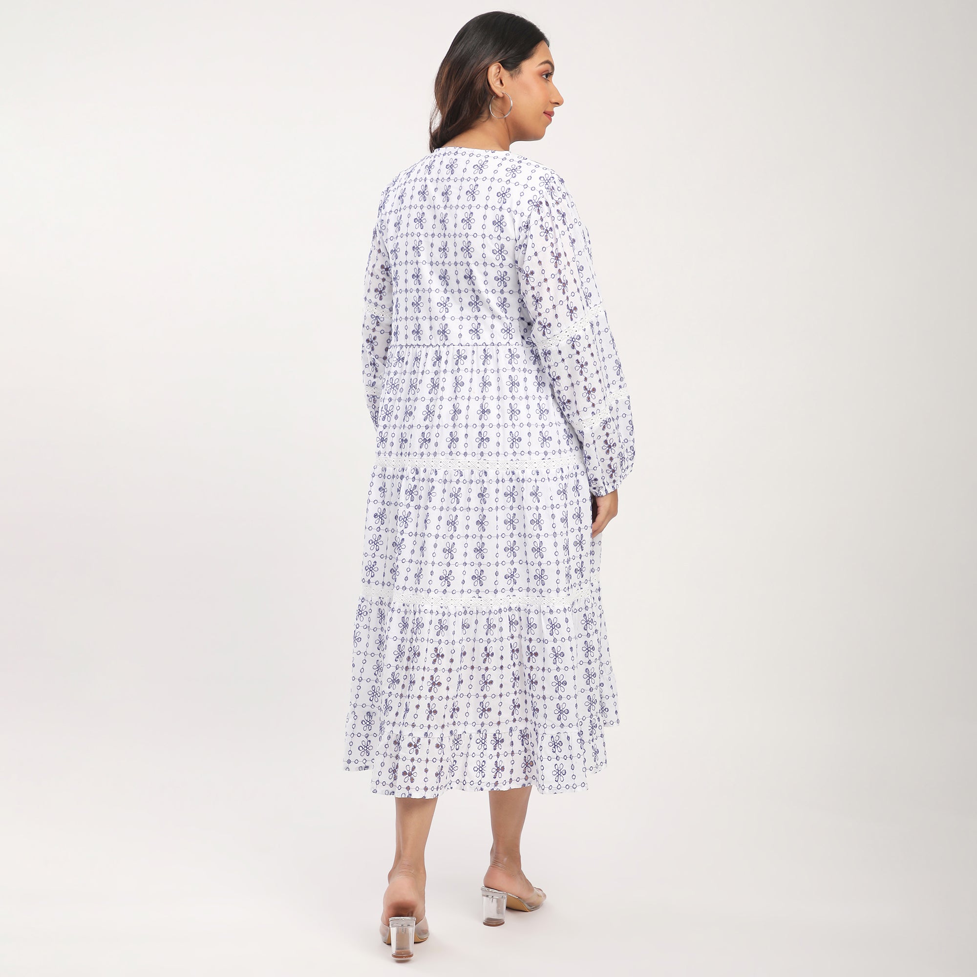 Plus Size White Cotton Cutwork Schiffli Maxi Dress with Lace Inserts