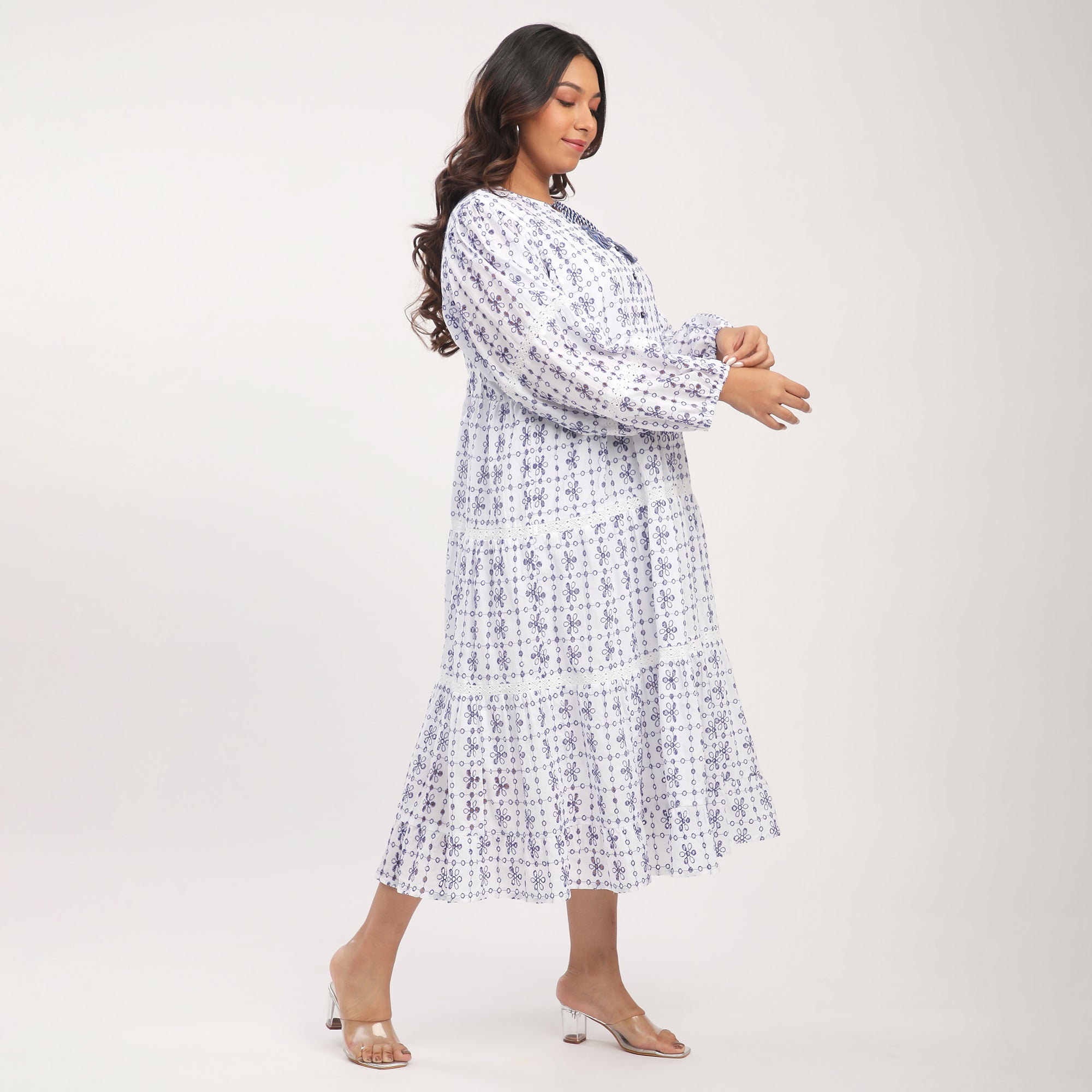 Plus Size White Cotton Cutwork Schiffli Maxi Dress with Lace Inserts