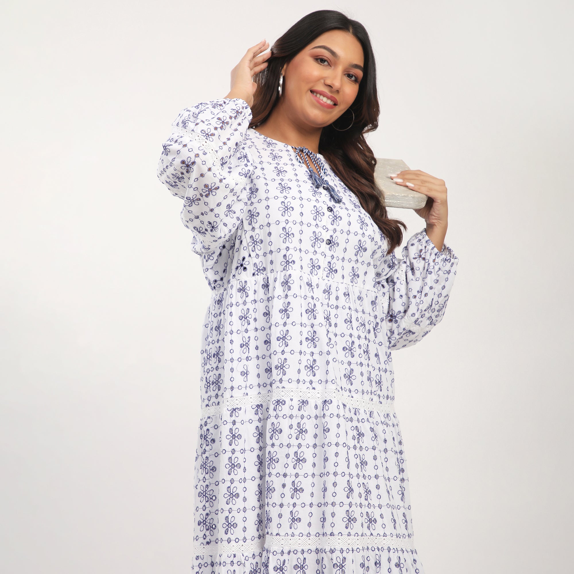 Plus Size White Cotton Cutwork Schiffli Maxi Dress with Lace Inserts