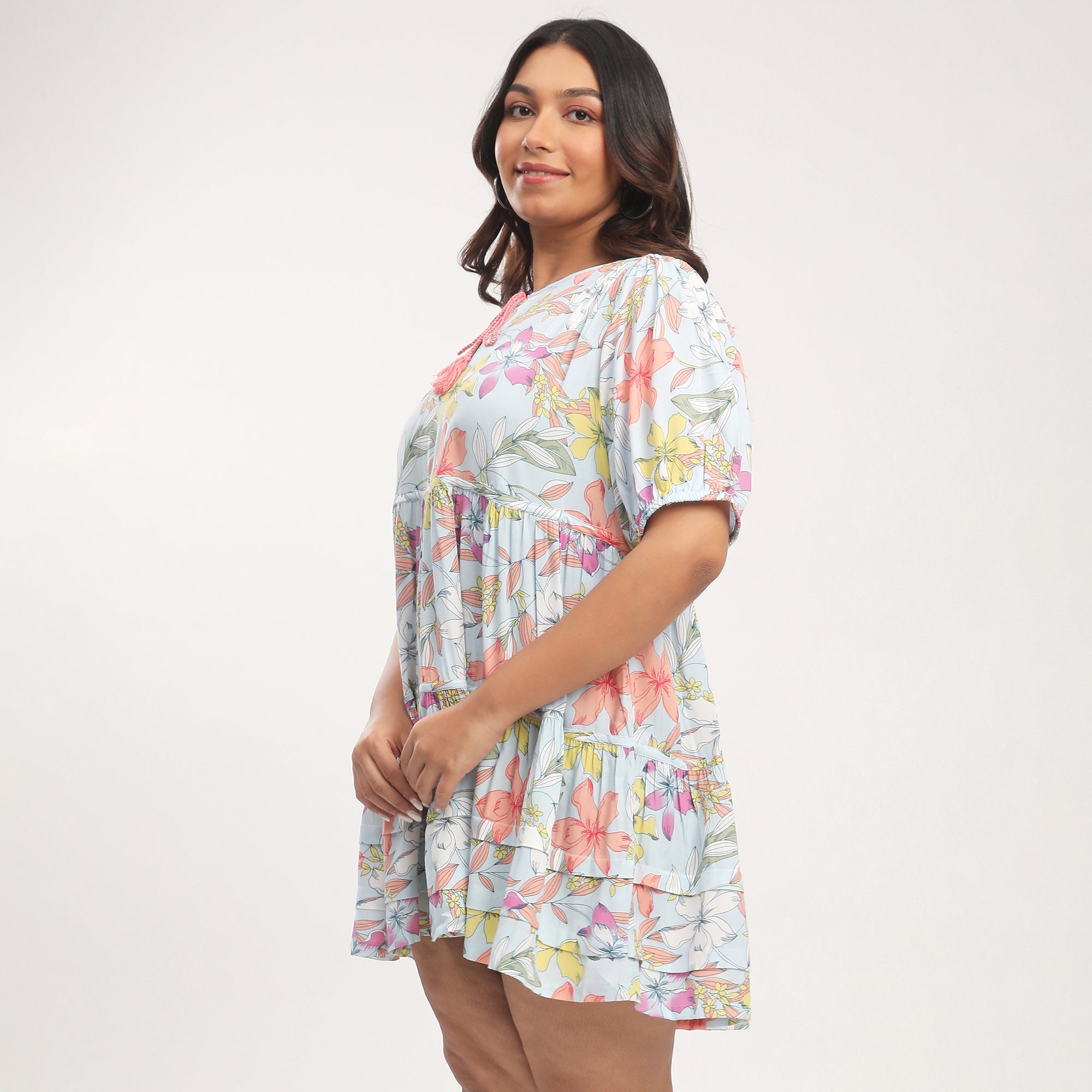 Plus Size Light Blue Rayon Floral Printed Short Summer Dress