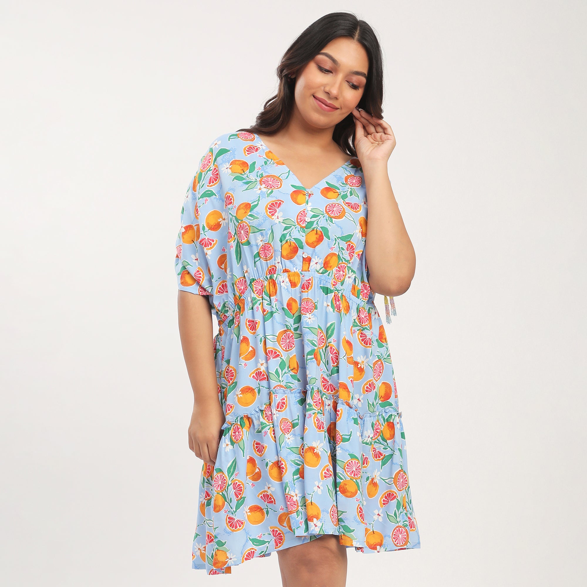 Plus Size Blue Viscose Fruit Print Short Summer Dress with Tie-Up Sleeves