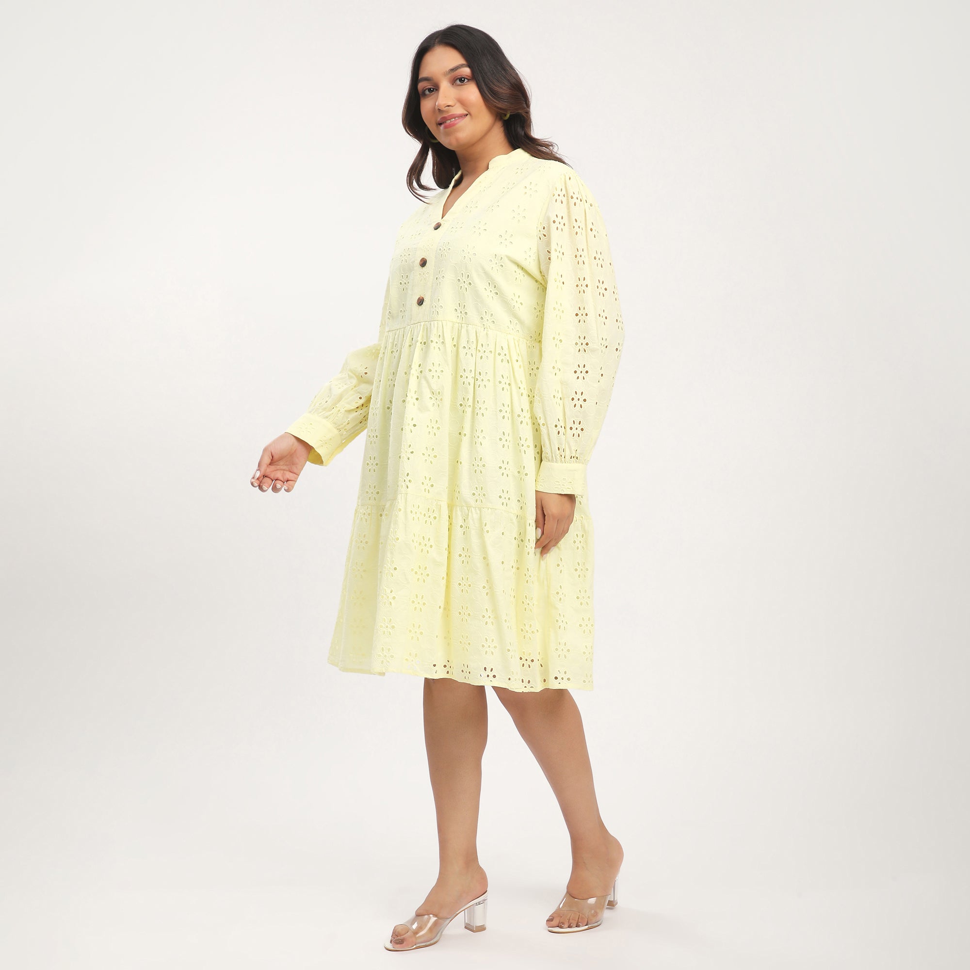 Plus Size Yellow Cotton Tiered Embroidery Short Dress