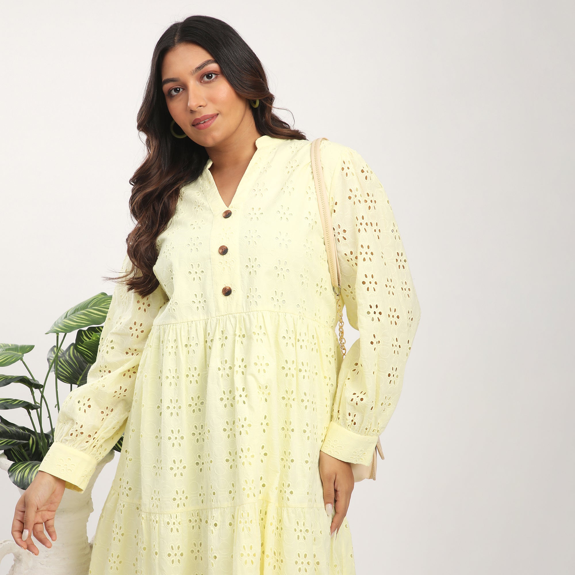 Plus Size Yellow Cotton Tiered Embroidery Short Dress