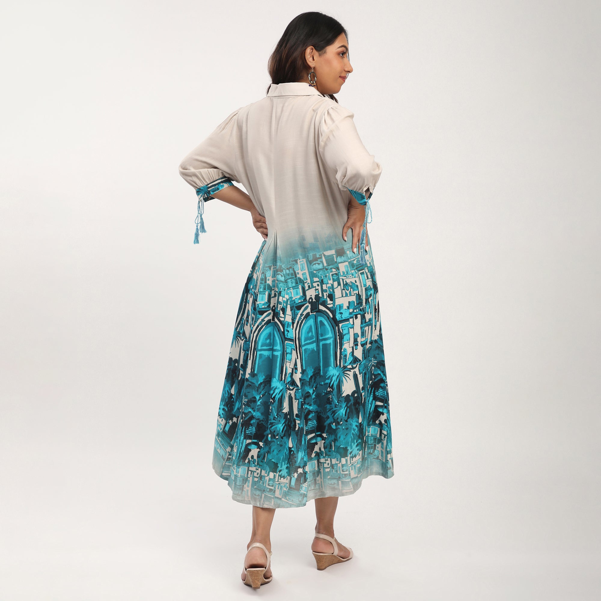 Plus Size Landscape Border Print Linen Blend Tunic Dress