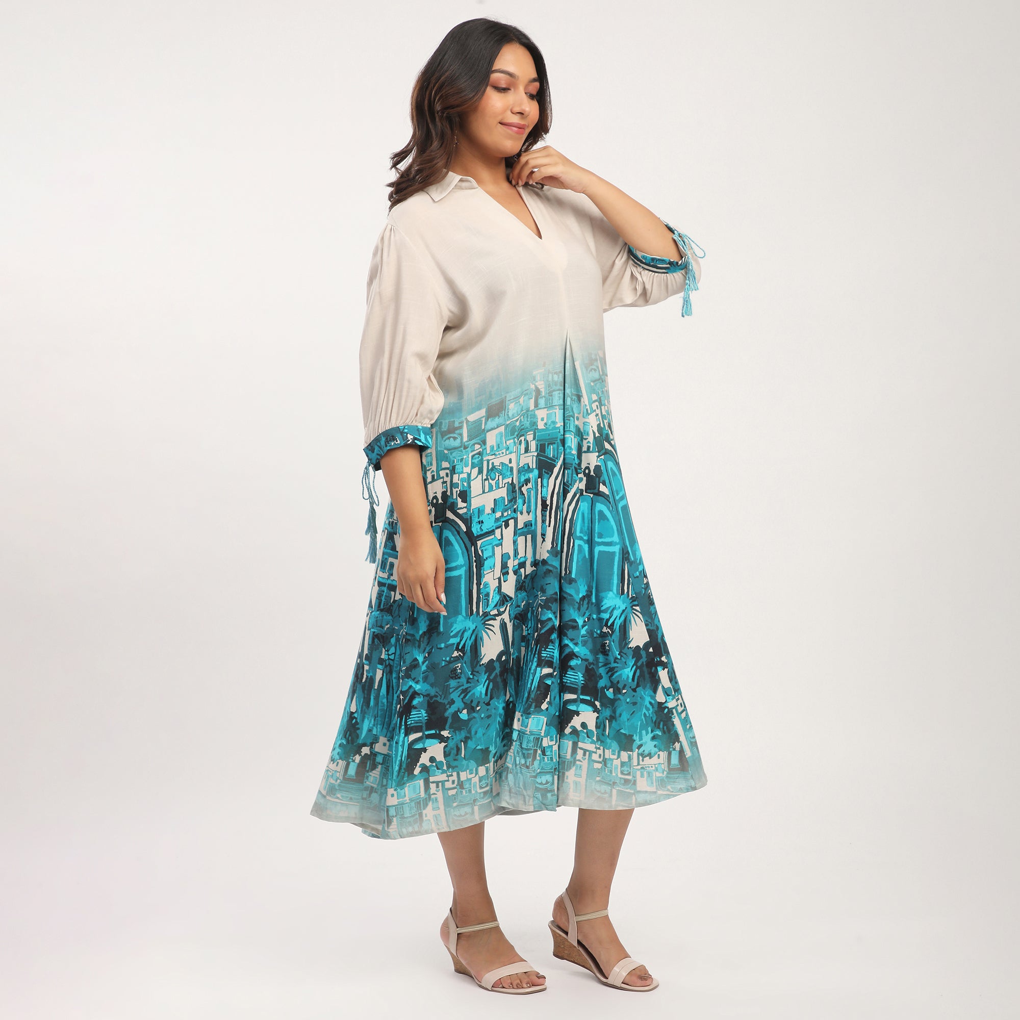 Plus Size Landscape Border Print Linen Blend Tunic Dress
