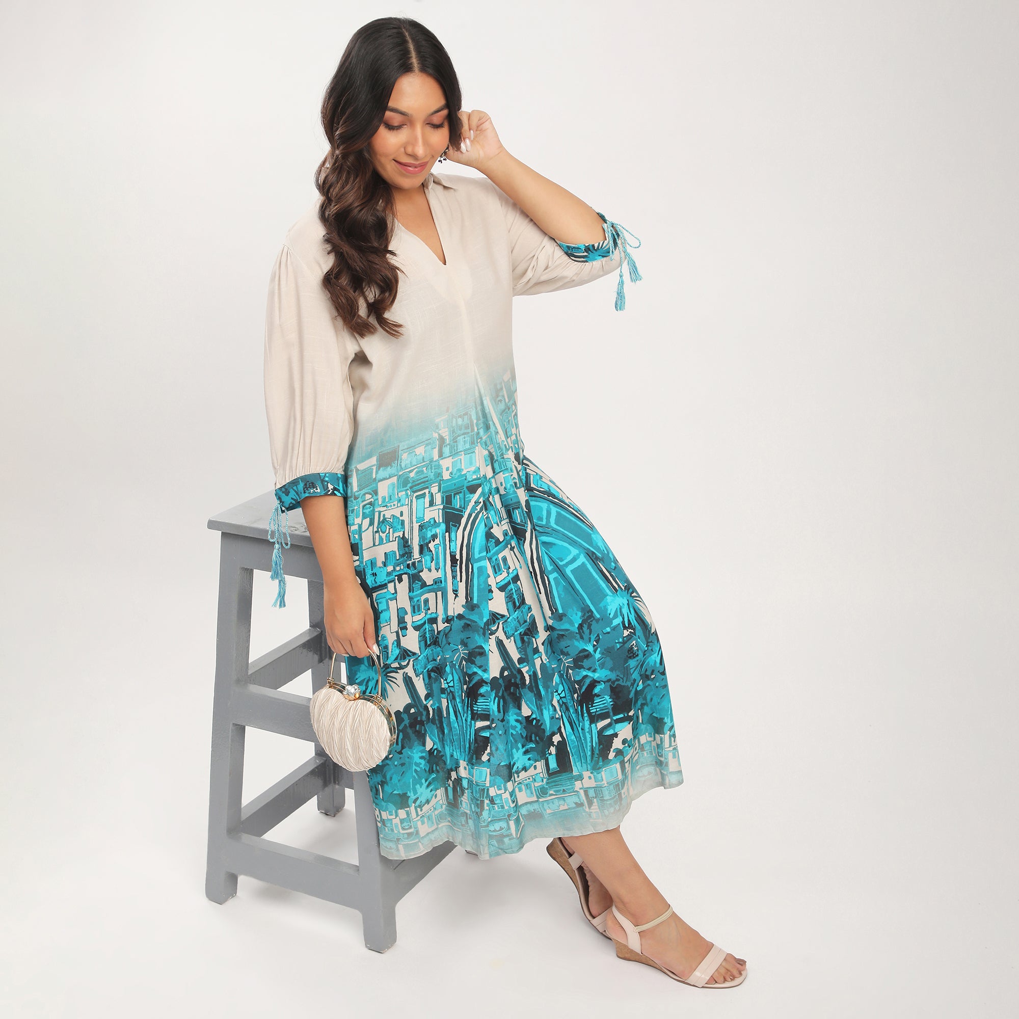 Plus Size Landscape Border Print Linen Blend Tunic Dress