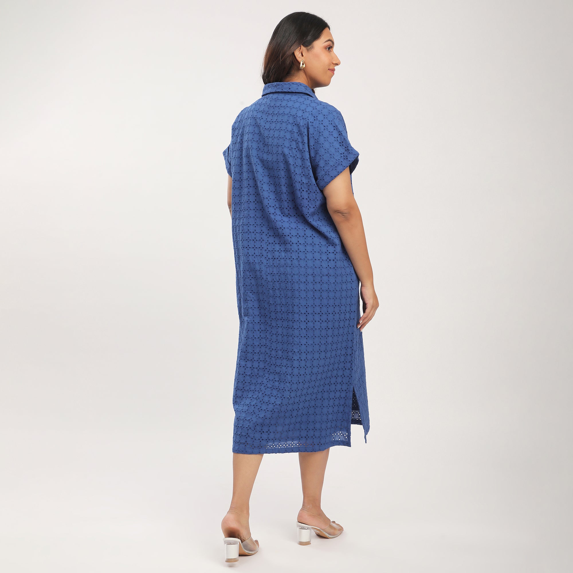 Plus Size Royal Blue Cotton Schiffli Shirt Dress
