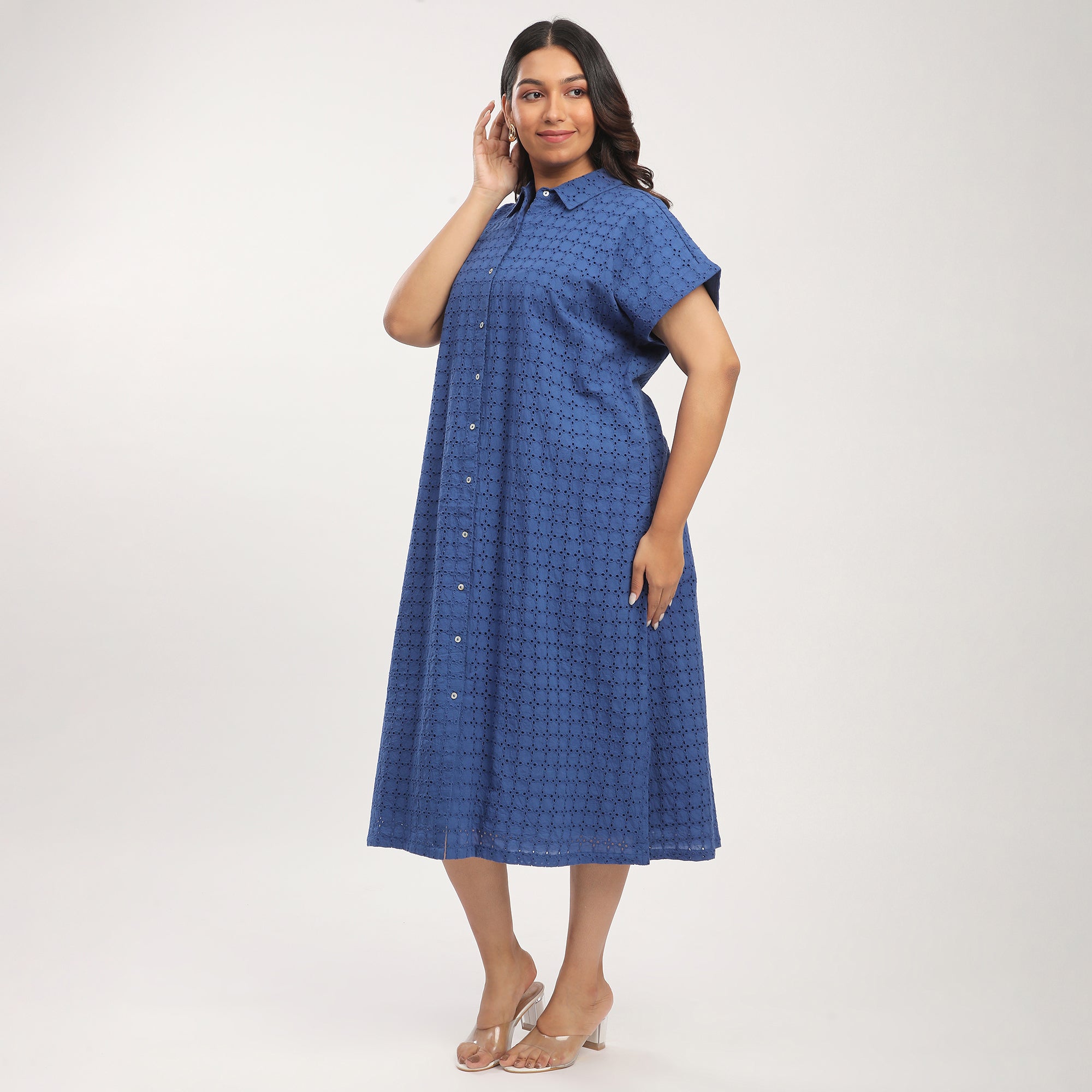 Plus Size Royal Blue Cotton Schiffli Shirt Dress