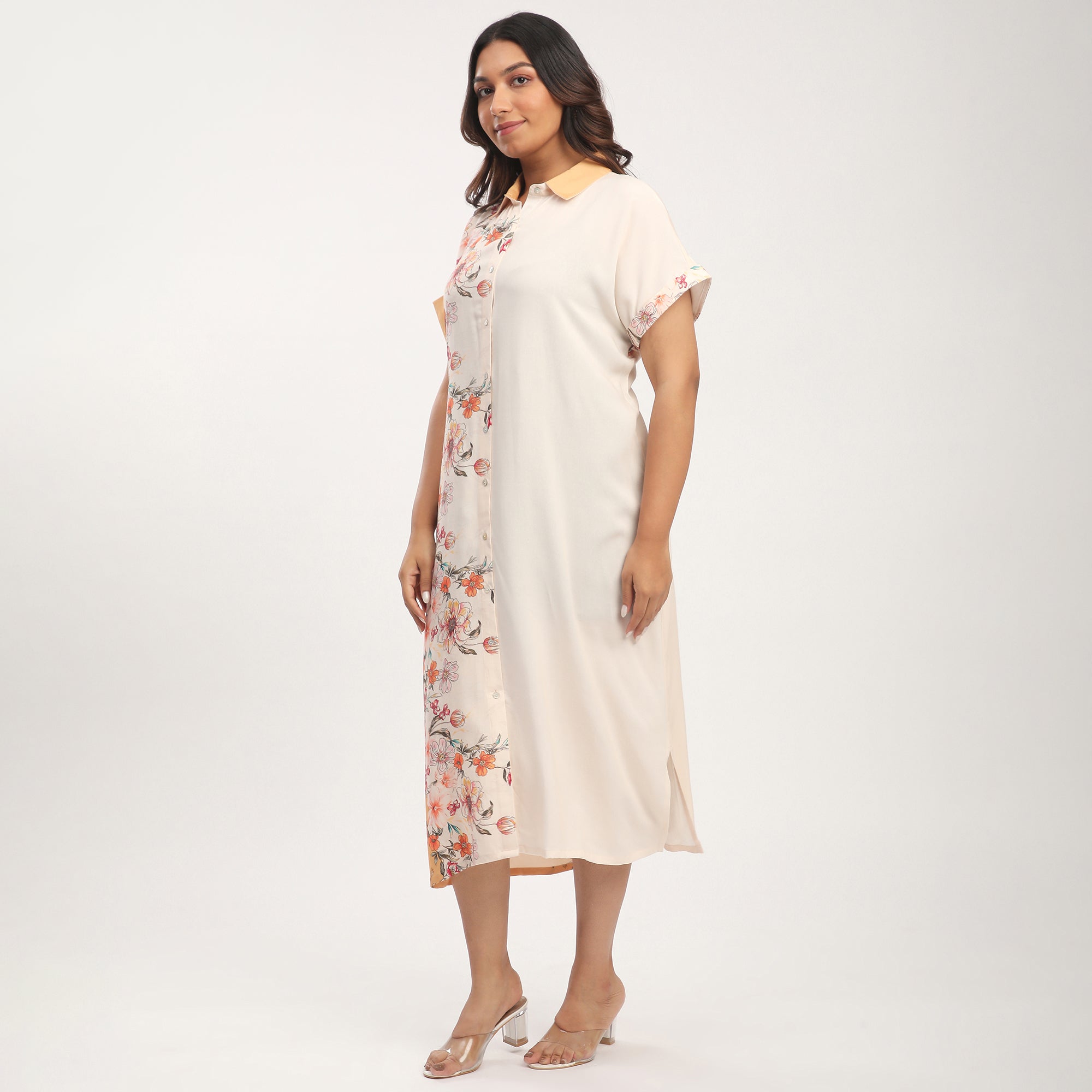 Plus Size Floral Border Print Rayon Shirt Dress