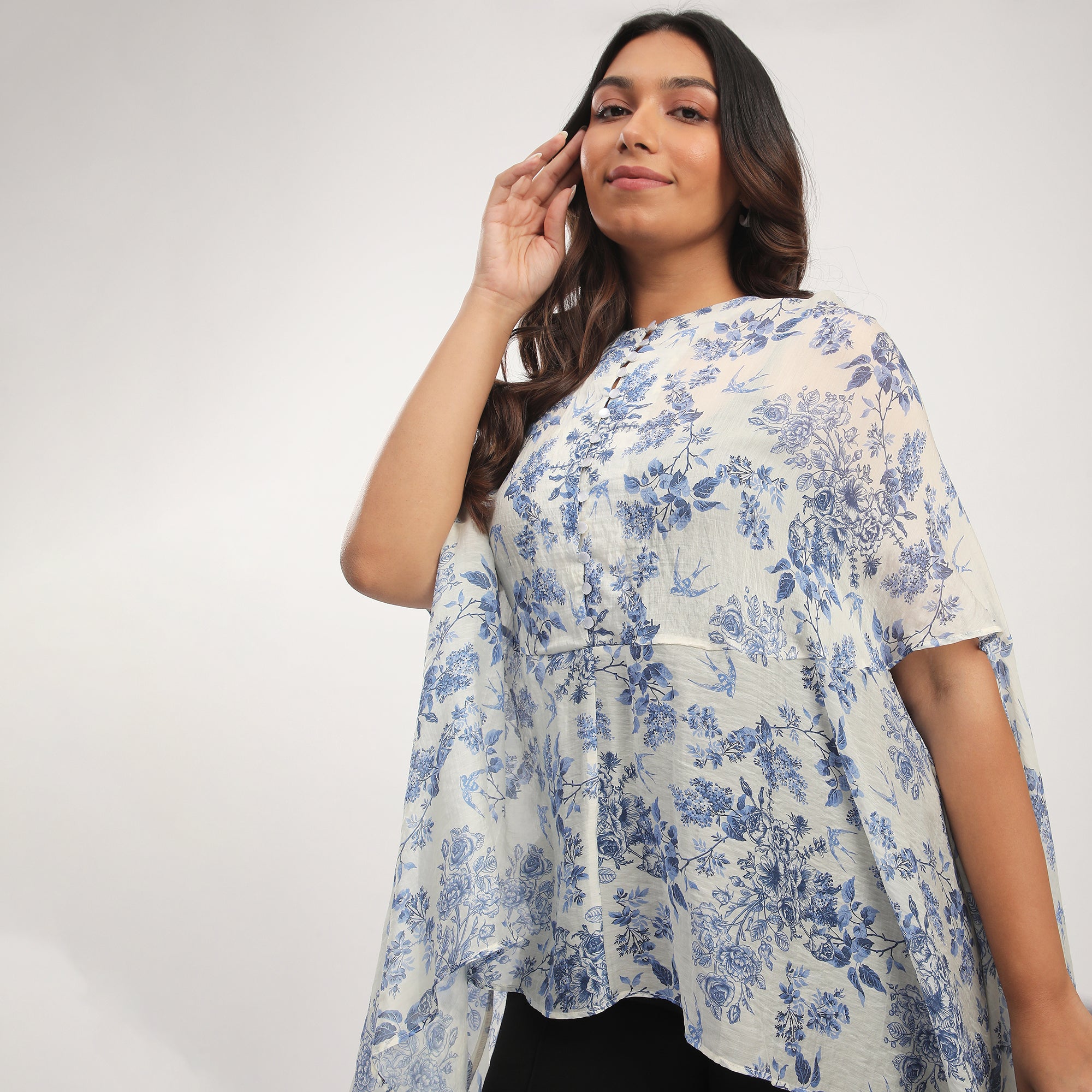 Plus Size Blue Lyocell Floral Printed Premium Cape