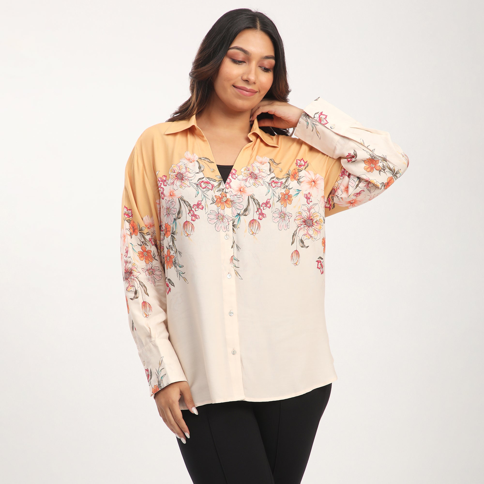Plus Size Yellow Viscose Placement Floral Print Shirt