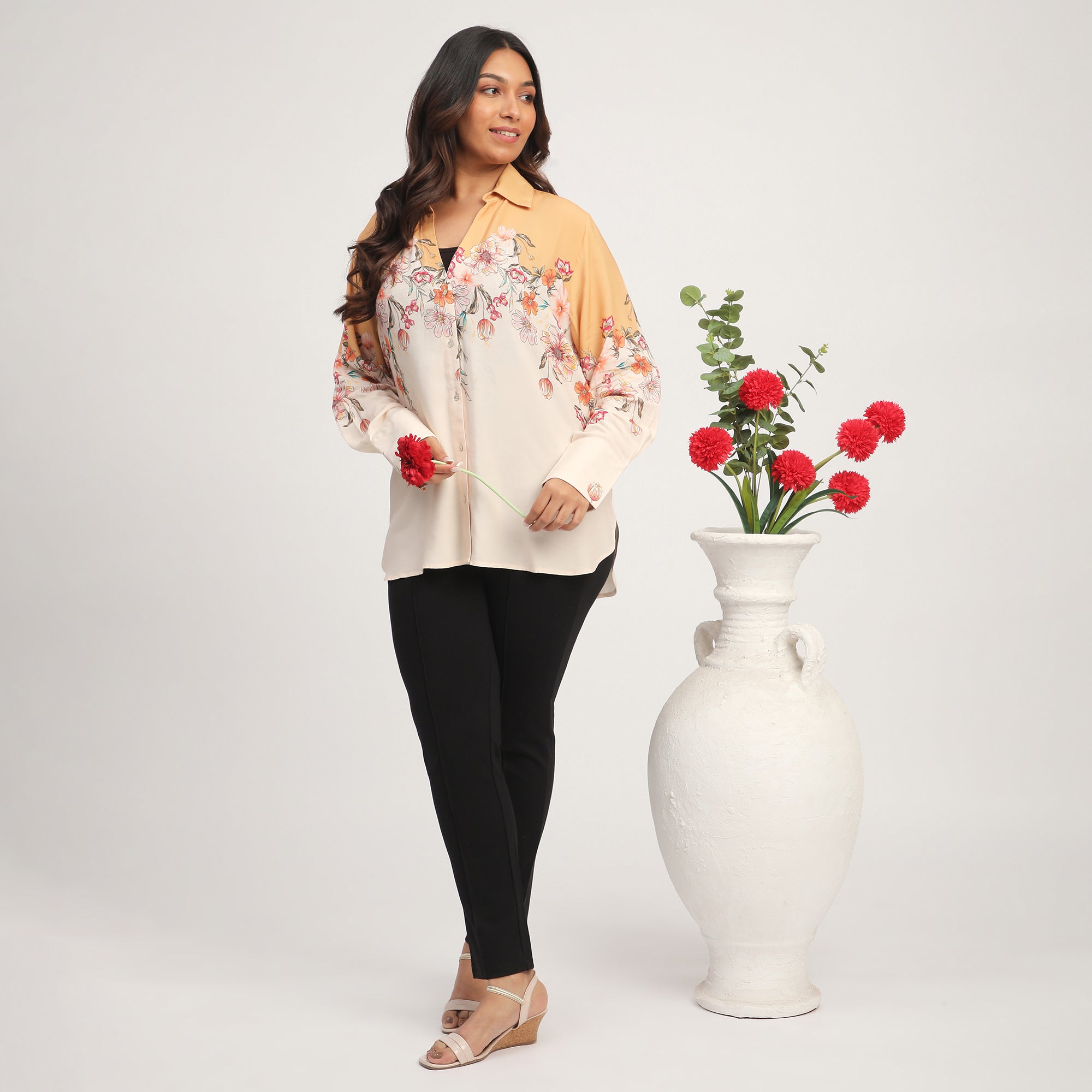 Plus Size Yellow Viscose Placement Floral Print Shirt