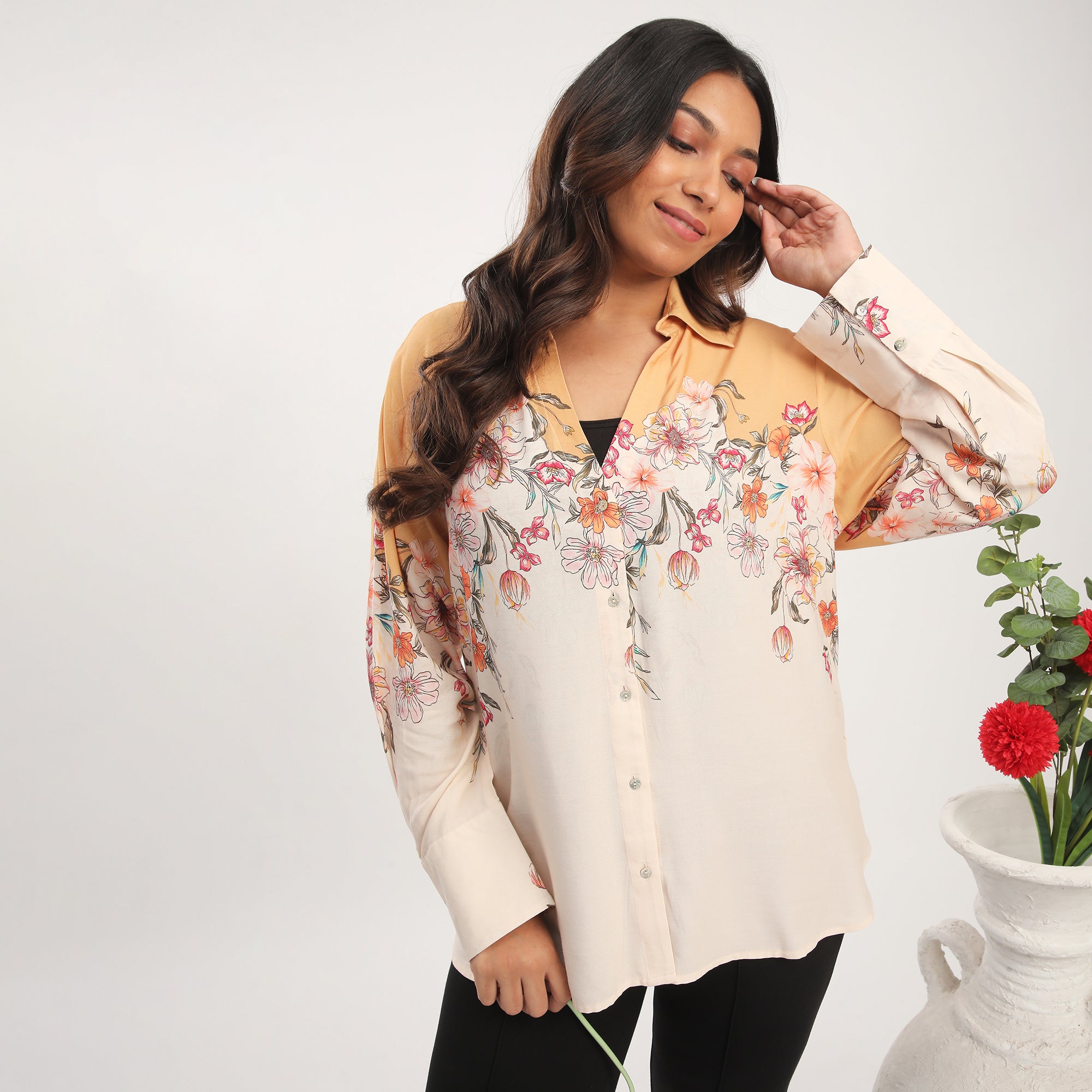 Plus Size Yellow Viscose Placement Floral Print Shirt