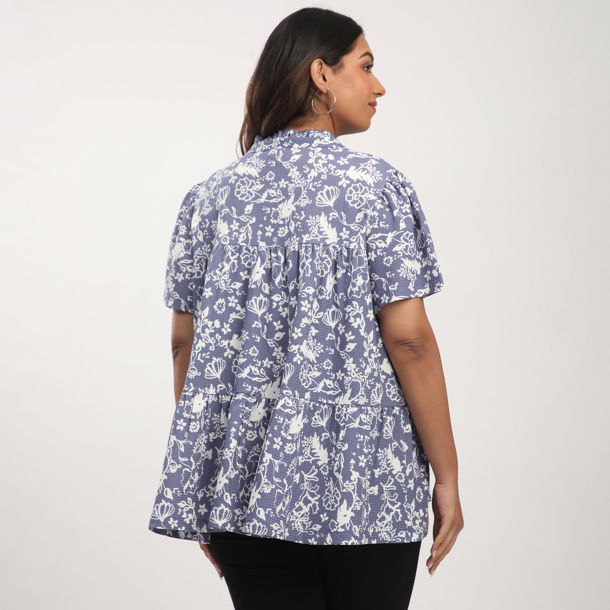Plus Size Floral Printed Textured Knit Tiered Top