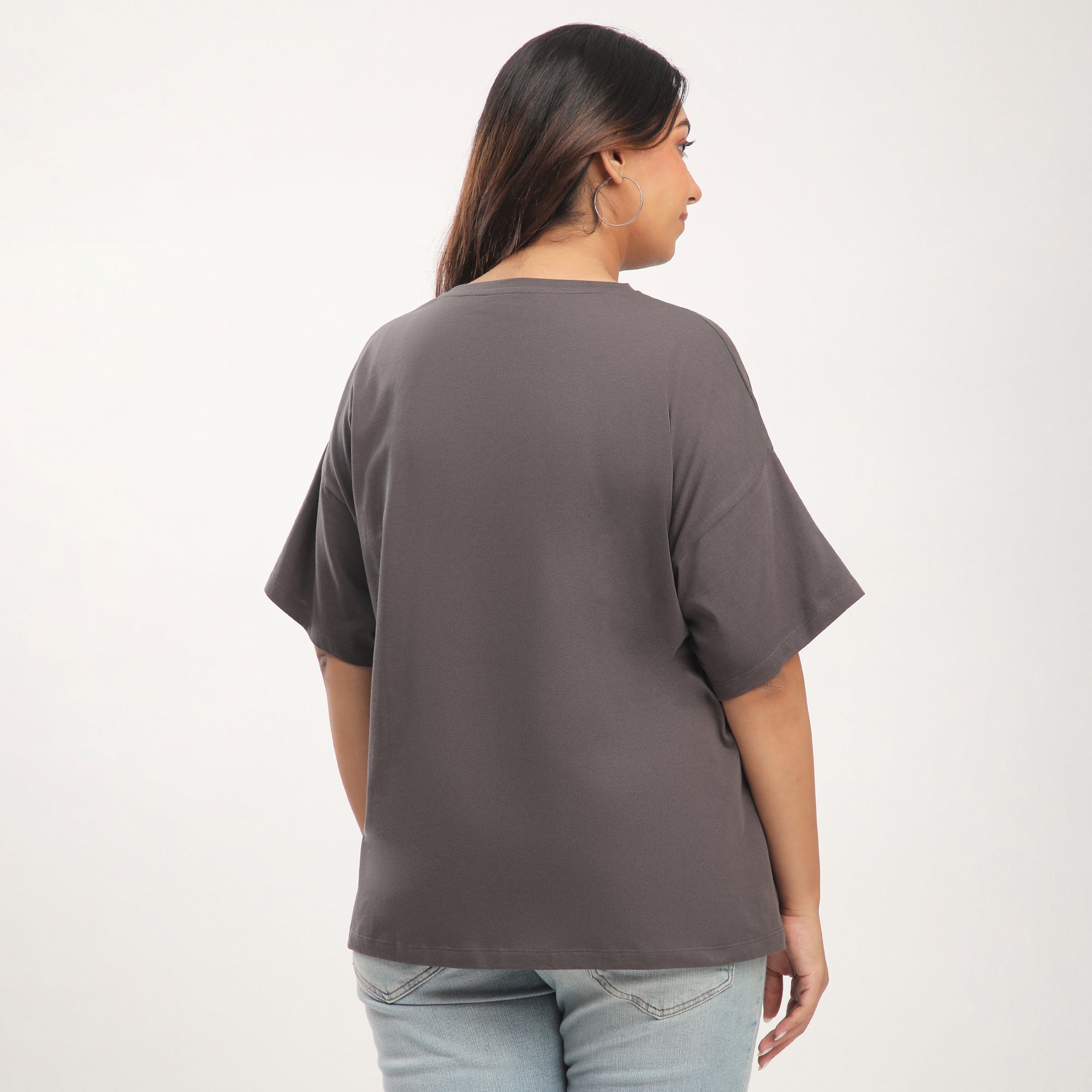 Plus Size Charcoal Gray Cotton Flower Print Drop Shoulder T-Shirt