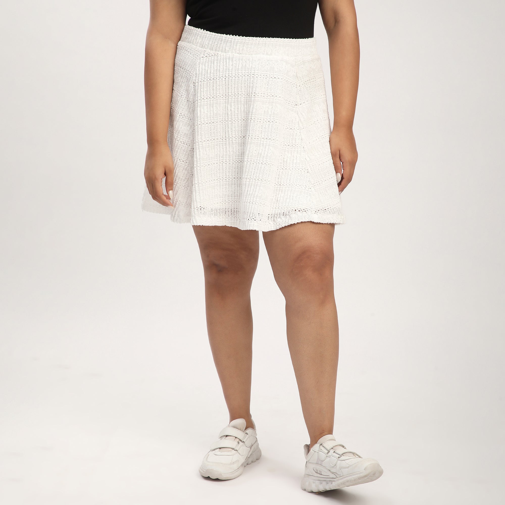 Plus Size White Pleated Lace Skater Skirt