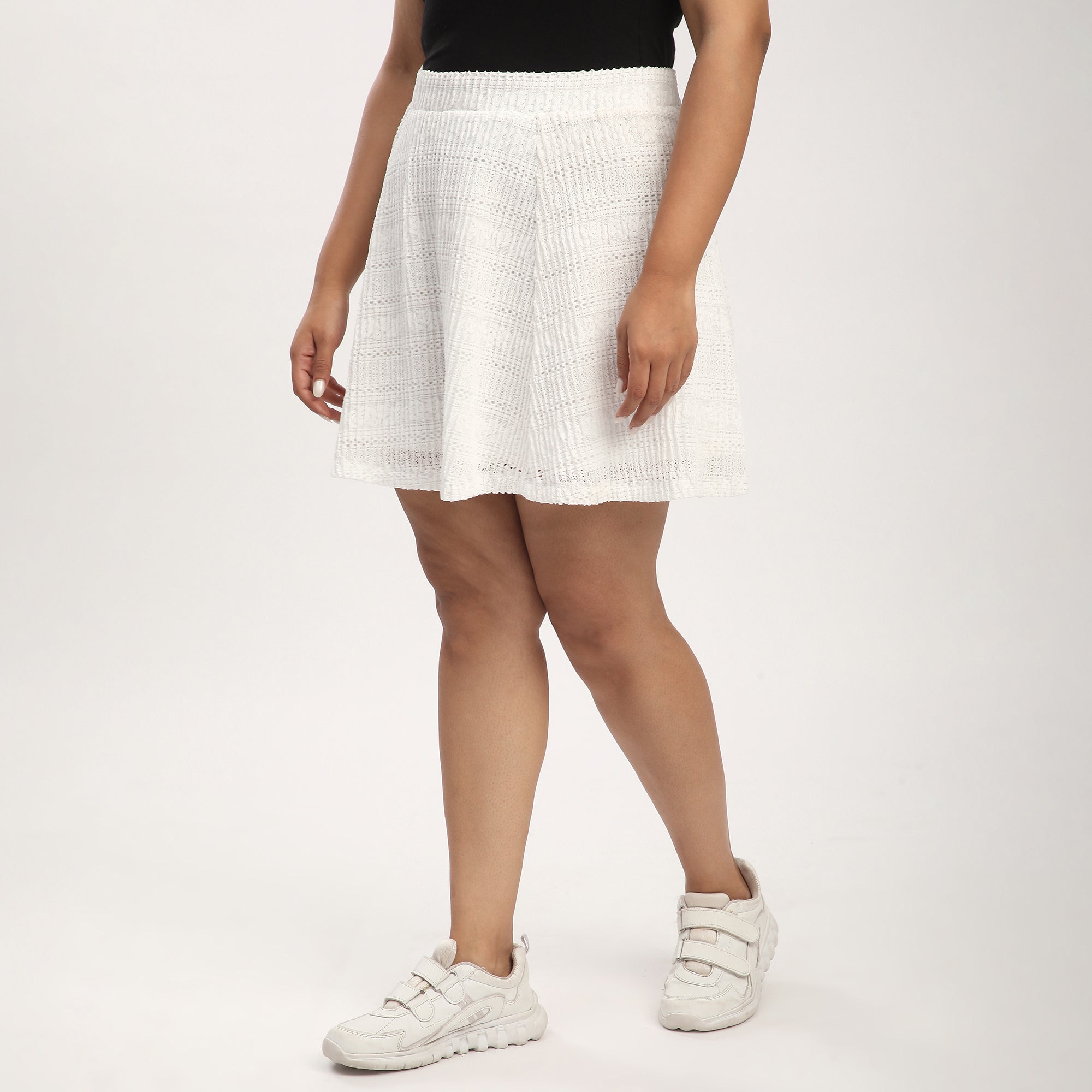 Plus Size White Pleated Lace Skater Skirt