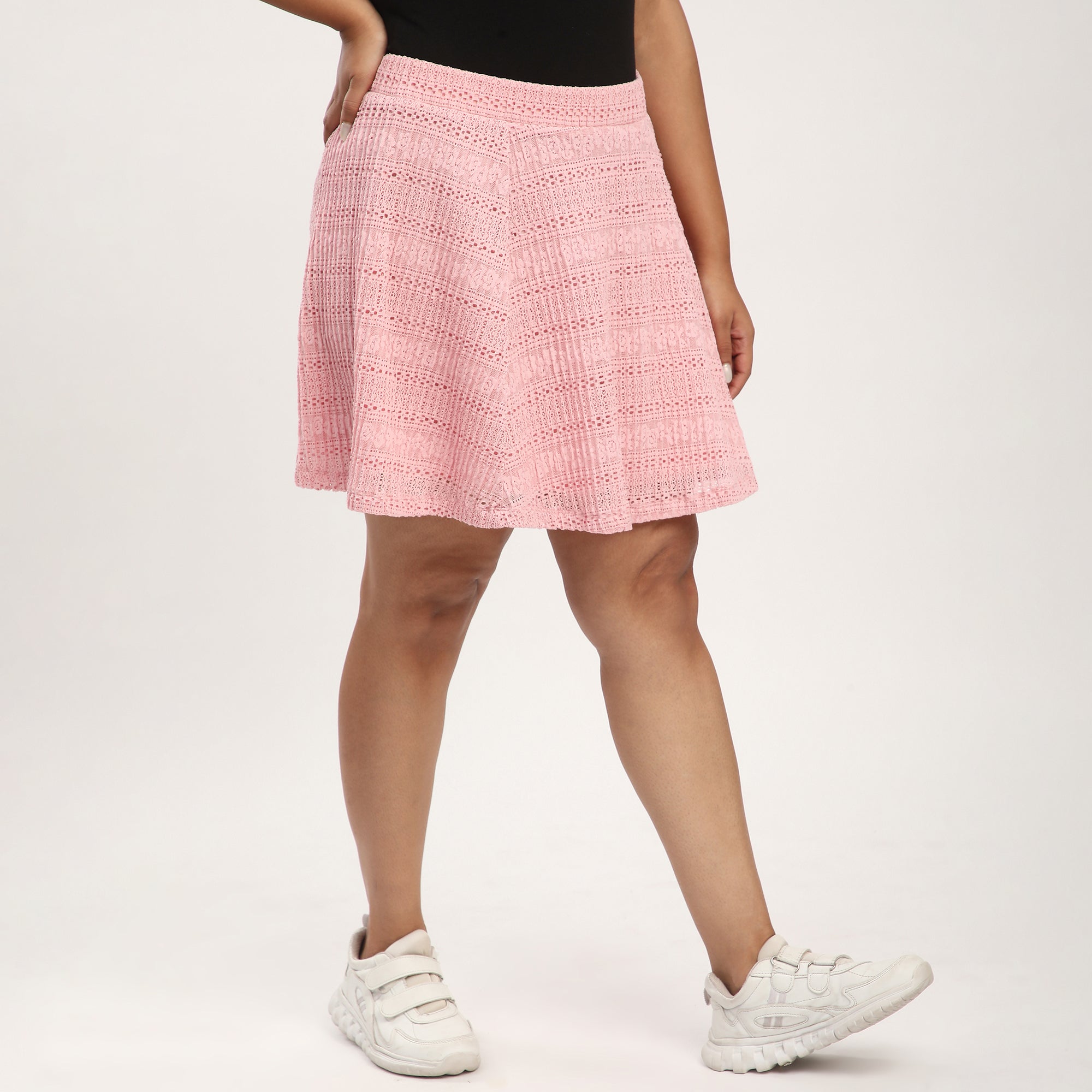 Plus Size Pink Pleated Lace Skater Skirt by Calae Sizes